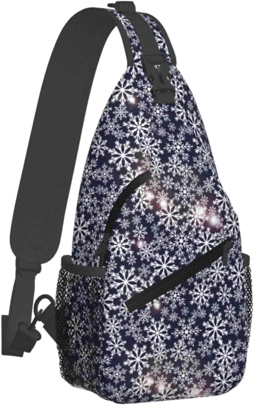 Sparkling Flares Snowflakes Snowfall Navy Blue Cross Chest Bag Diagonally Hiking Crossbody Bag Travel Shoulder Daypack Lightweight Sling Backpack Cycling Daypacks Fitness Chest Backpacks