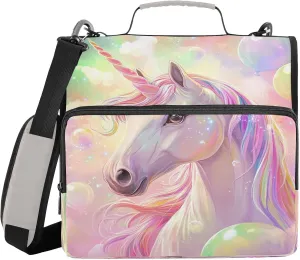 Sparkling Unicorn Balloon Pink 3 Ring Zipper Binder with Shoulder Strap Portfolio Organizer for Work Business School Document Storage