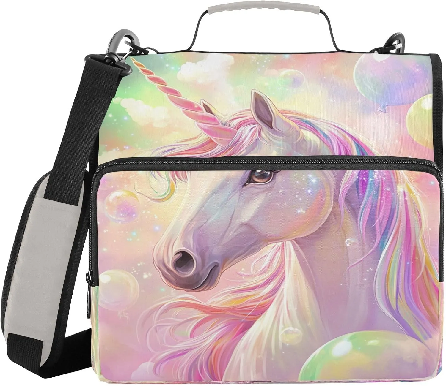 Sparkling Unicorn Balloon Pink 3 Ring Zipper Binder with Shoulder Strap Portfolio Organizer for Work Business School Document Storage
