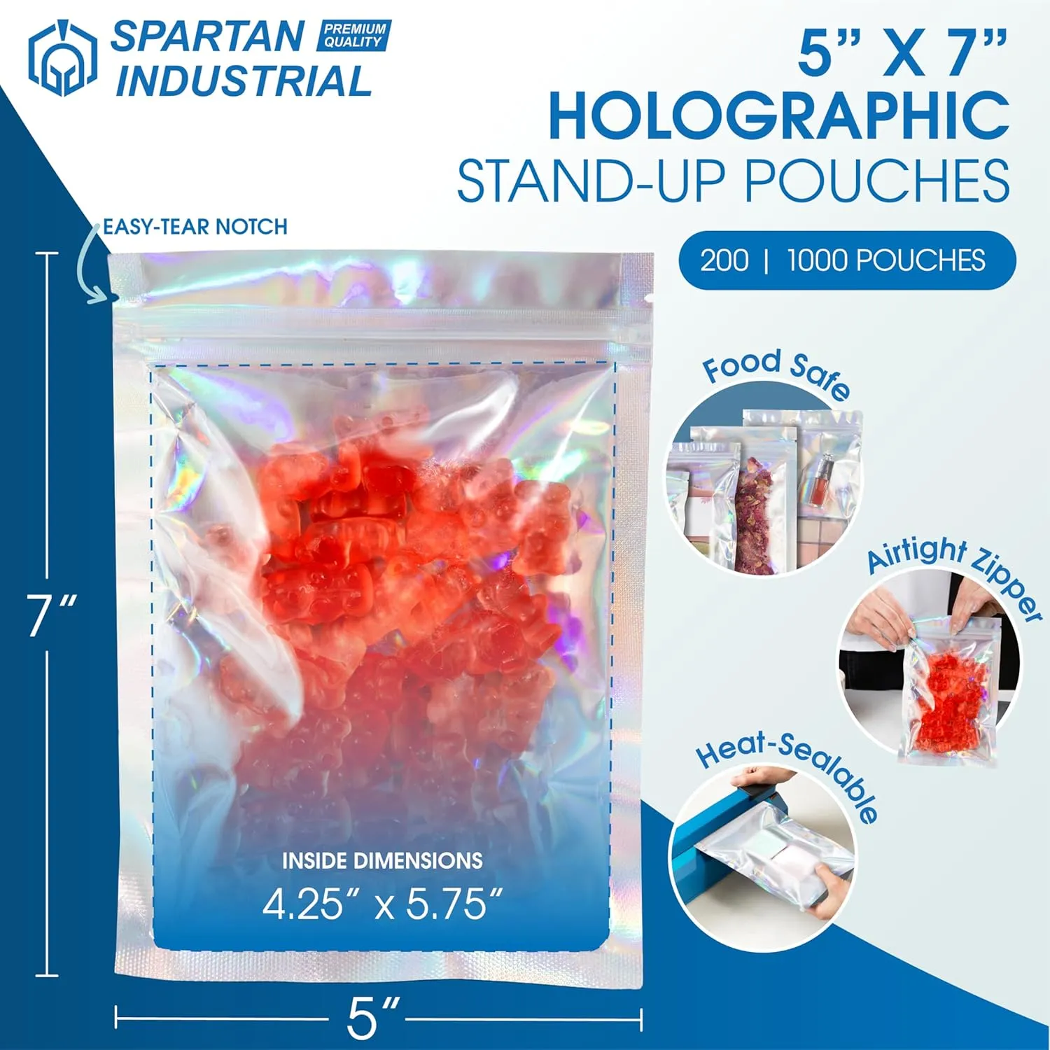 Spartan Industrial - 5" X 7" Holographic Resealable Bags - Pack of 1000 Smell-Proof Heat Seal Bags for Cookies, Candy Packaging, Bath Salts, and More