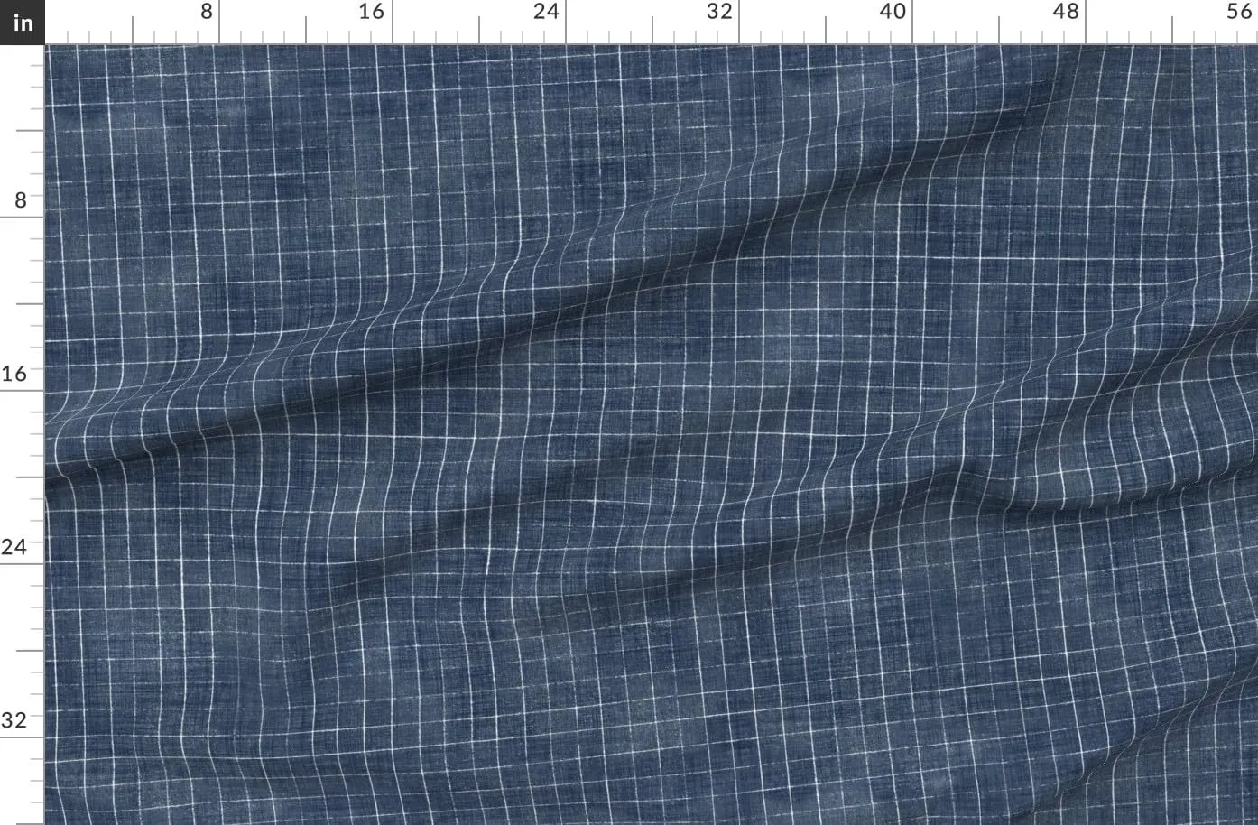 Spoonflower Fabric - Indigo Checks Modern Geometric Dak Blue Neutral Tiled Minimal Boho Printed on Denim Fabric Fat Quarter - Bottomweight Apparel Home Decor Upholstery