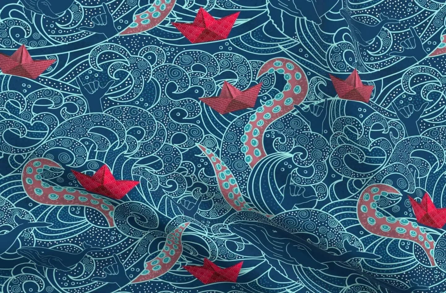 Spoonflower Fabric - Kraken Octopus Origami Boats Ocean Wave Humpback Whale Nautical Paper Printed on Denim Fabric Fat Quarter - Bottomweight Apparel Home Decor Upholstery