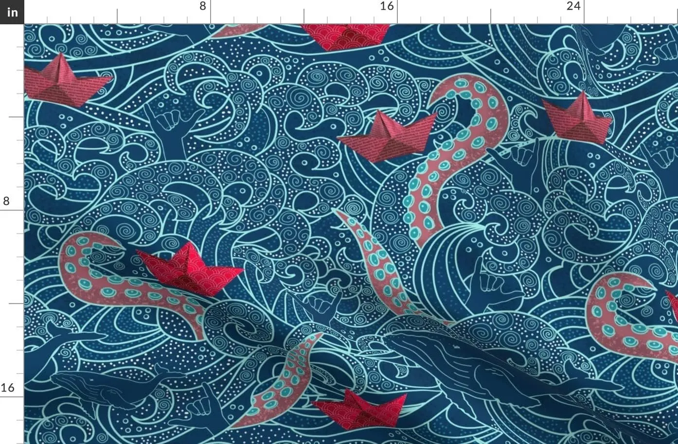 Spoonflower Fabric - Kraken Octopus Origami Boats Ocean Wave Humpback Whale Nautical Paper Printed on Denim Fabric Fat Quarter - Bottomweight Apparel Home Decor Upholstery