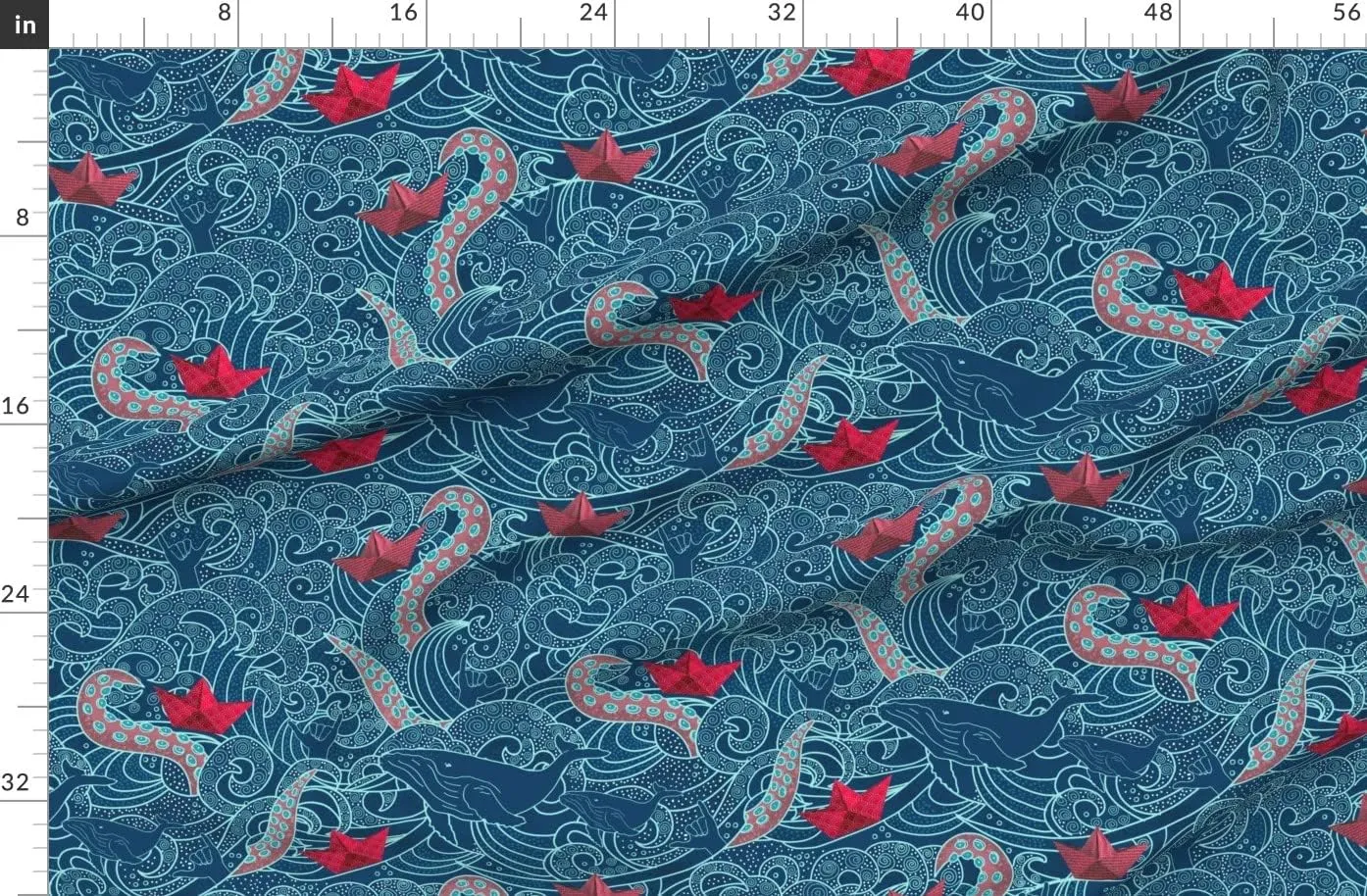 Spoonflower Fabric - Kraken Octopus Origami Boats Ocean Wave Humpback Whale Nautical Paper Printed on Denim Fabric Fat Quarter - Bottomweight Apparel Home Decor Upholstery