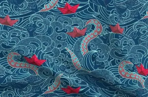 Spoonflower Fabric - Kraken Octopus Origami Boats Ocean Wave Humpback Whale Nautical Paper Printed on Denim Fabric Fat Quarter - Bottomweight Apparel Home Decor Upholstery