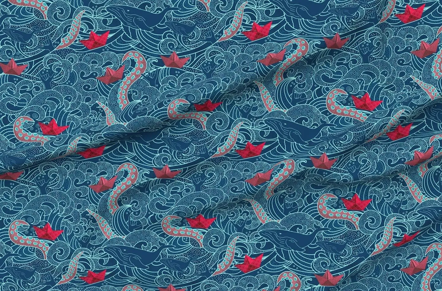Spoonflower Fabric - Kraken Octopus Origami Boats Ocean Wave Humpback Whale Nautical Paper Printed on Denim Fabric Fat Quarter - Bottomweight Apparel Home Decor Upholstery
