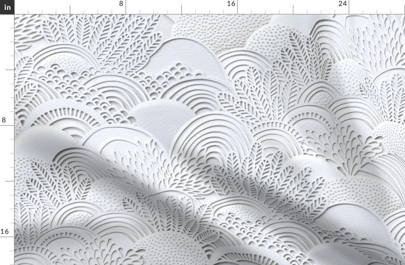 Spoonflower Fabric - Monochrome Botanical White Garden Faux Paper Scallop Lace Coral Leaves Printed on Denim Fabric Fat Quarter - Bottomweight Apparel Home Decor Upholstery