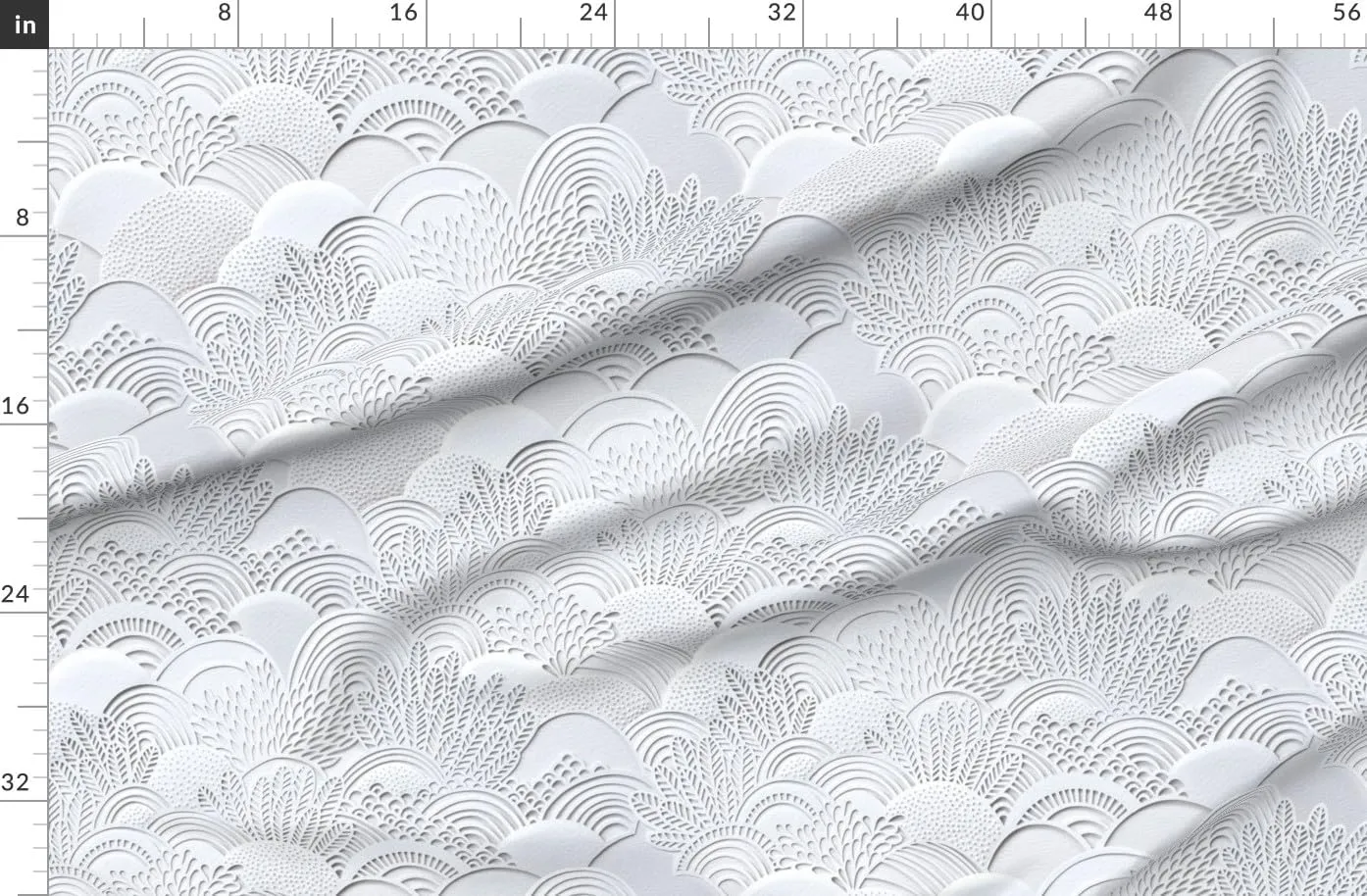Spoonflower Fabric - Monochrome Botanical White Garden Faux Paper Scallop Lace Coral Leaves Printed on Denim Fabric Fat Quarter - Bottomweight Apparel Home Decor Upholstery