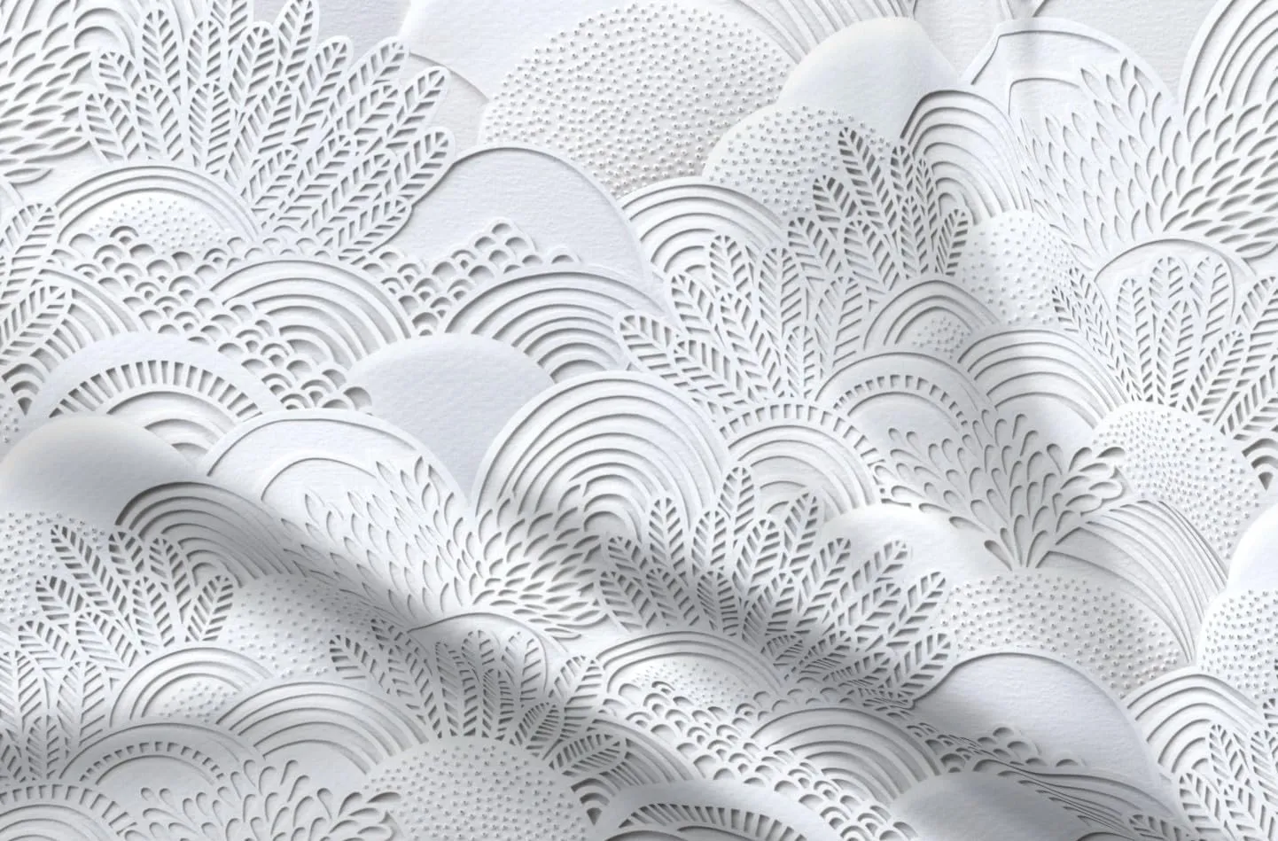 Spoonflower Fabric - Monochrome Botanical White Garden Faux Paper Scallop Lace Coral Leaves Printed on Denim Fabric Fat Quarter - Bottomweight Apparel Home Decor Upholstery