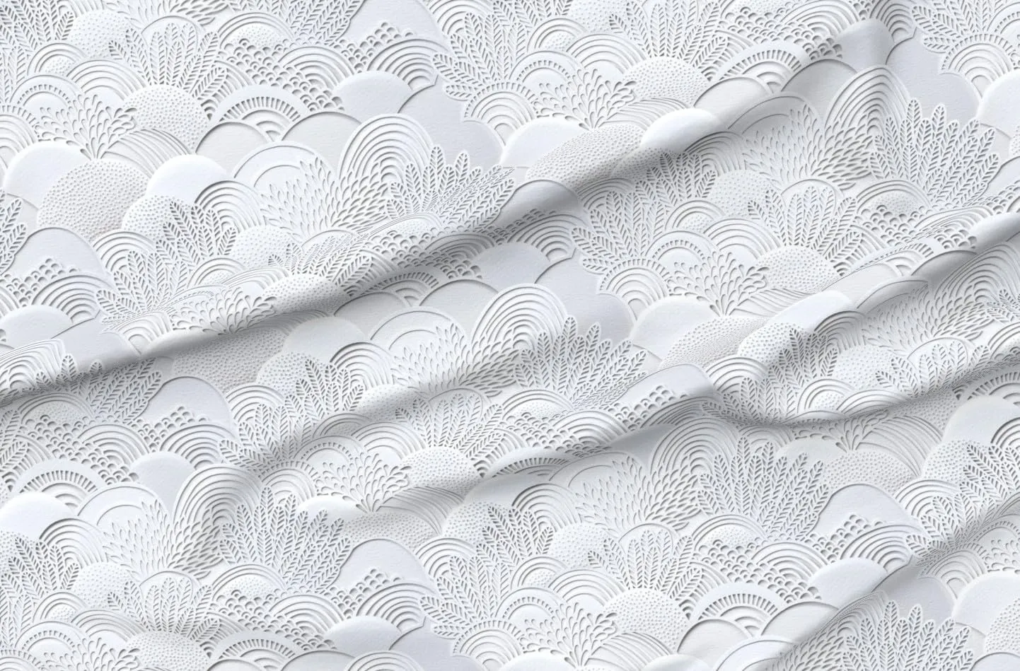 Spoonflower Fabric - Monochrome Botanical White Garden Faux Paper Scallop Lace Coral Leaves Printed on Denim Fabric Fat Quarter - Bottomweight Apparel Home Decor Upholstery