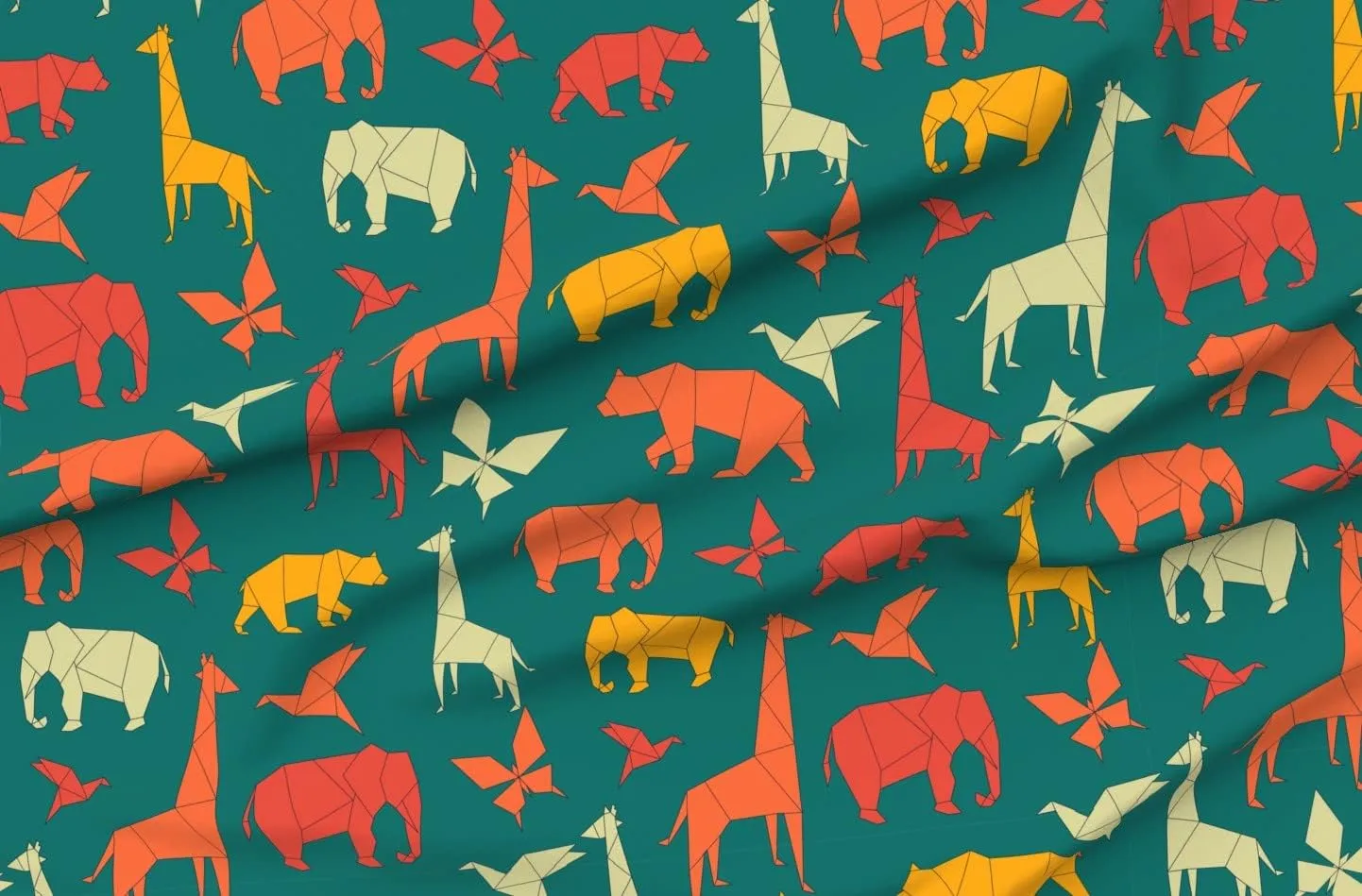 Spoonflower Fabric - Origami Jungle Paper Shapes Gender Neutral Safari Printed on Denim Fabric Fat Quarter - Bottomweight Apparel Home Decor Upholstery