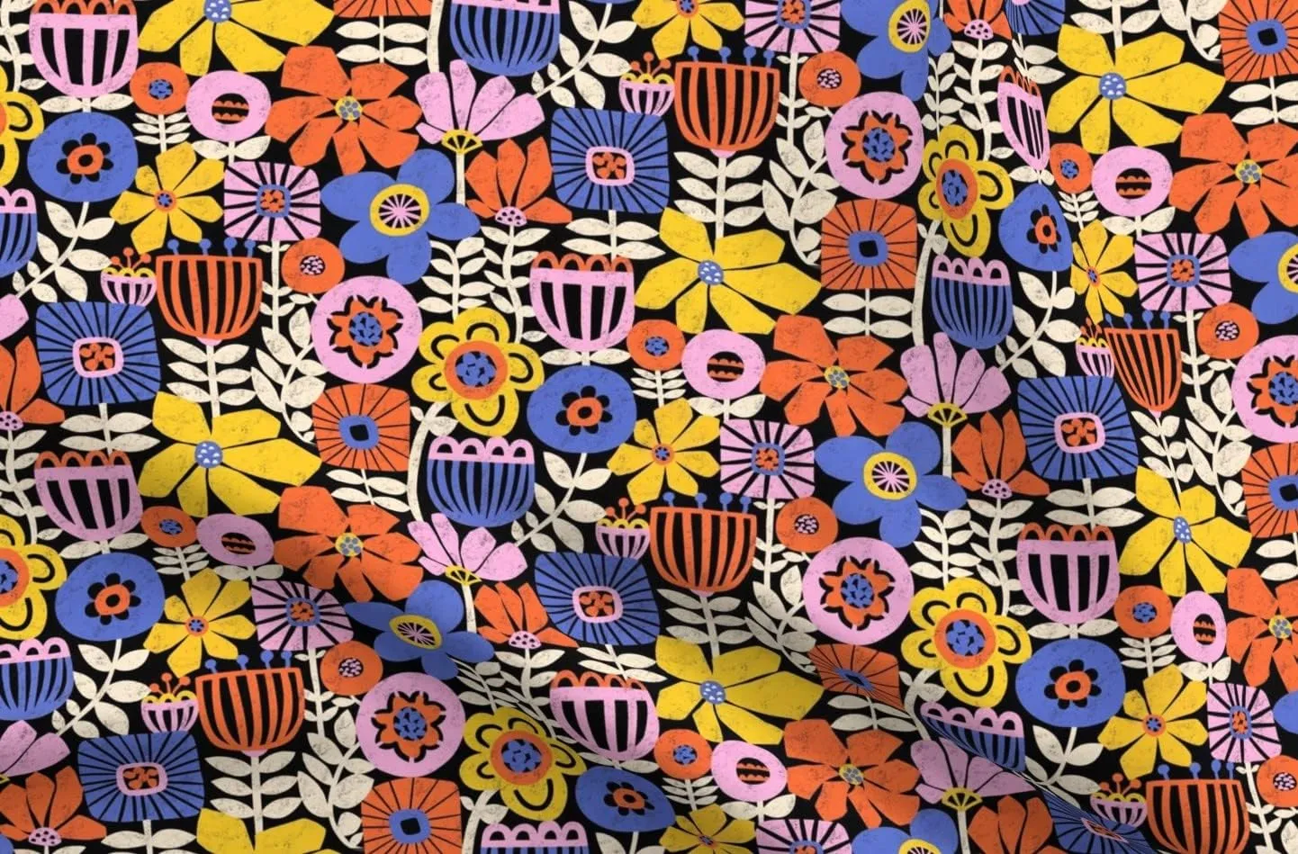 Spoonflower Fabric - Scandi Floral Bright Collage Paper Cut Flowers Printed on Denim Fabric Fat Quarter - Bottomweight Apparel Home Decor Upholstery