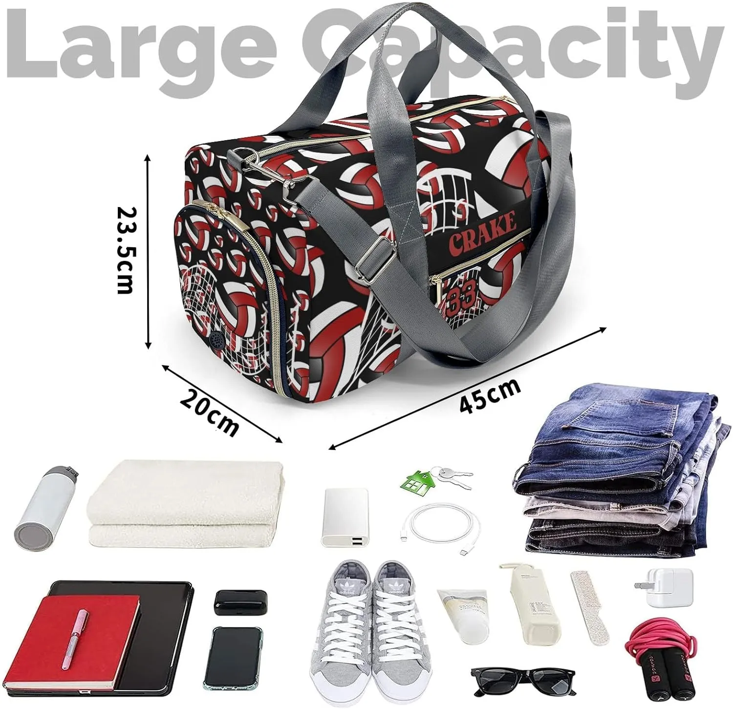 Sport Player Gym Bags Travel Duffle Bag,Volleyball Dark Red Weekender Duffel Bag with Shoe Compartment,Personalized Workout Duffle Sports Bag for Travel Yoga