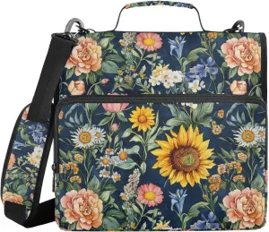 Spring Flowers Peonies Sunflower Navy Blue Zippered Binder Bag with Shoulder Strap Easy to Carry 1.5 Inch 3 Rings Portfolio Binder Bag Home Travel Cards Storage Container