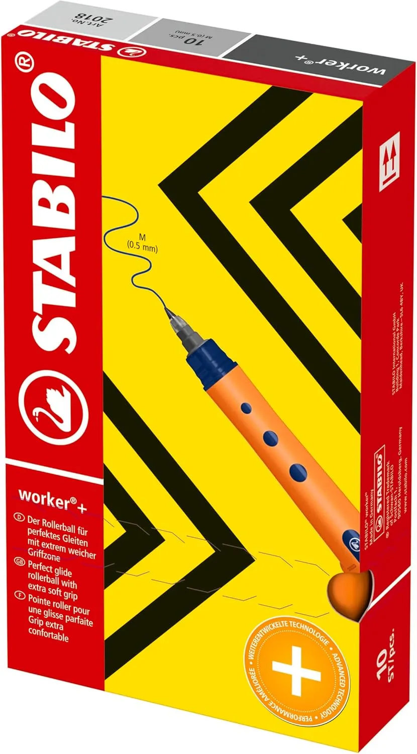 Stabilo Bionic Worker Rollerball Pen Soft Grip Medium 0.8mm Tip 0.6mm Line Blue Ref 2018-41 [Pack of 10]