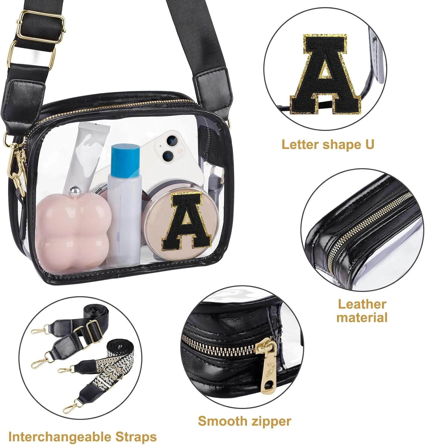 Stadium-Approved Clear Initial Purse, Crossbody Bag for Events, Concert and Sports,Adjustable Strap