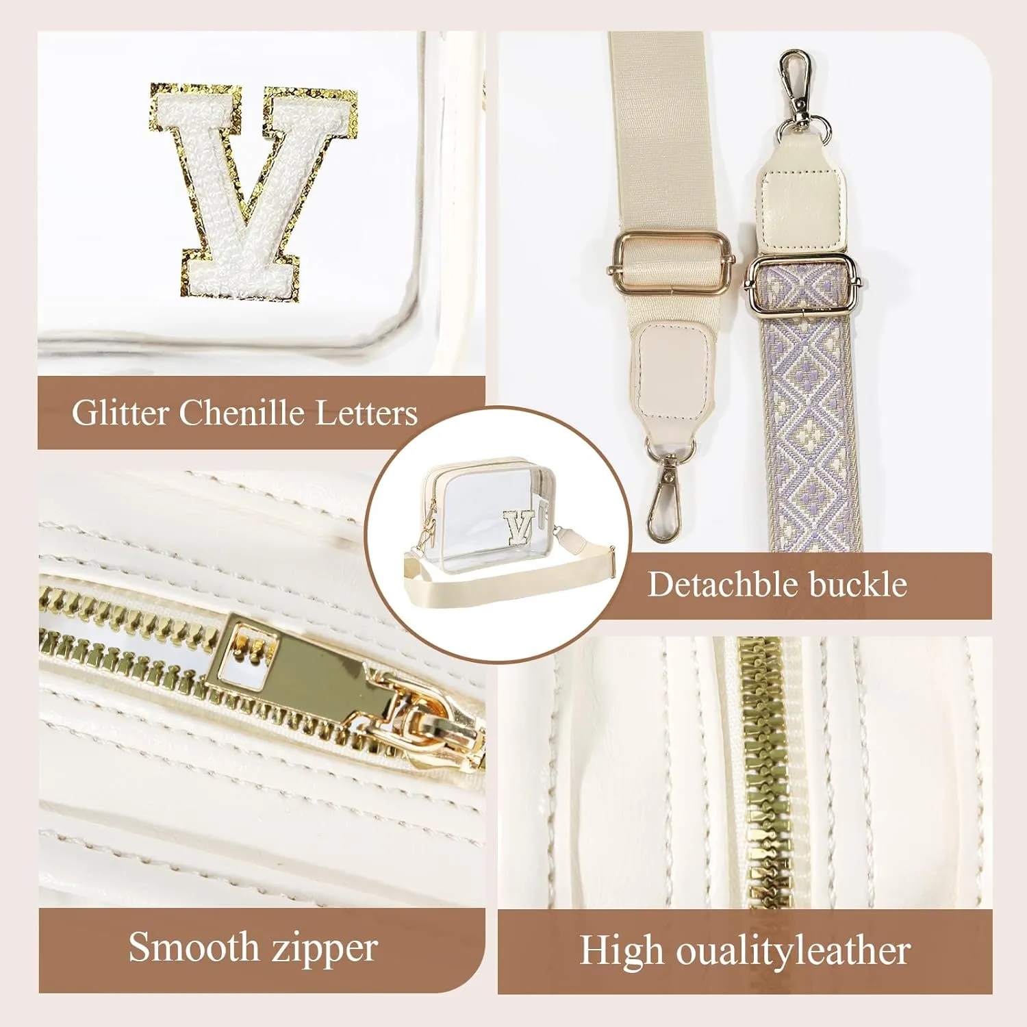 Stadium-Approved Clear Initial Purse, Crossbody Bag for Events, Concert and Sports,Adjustable Strap