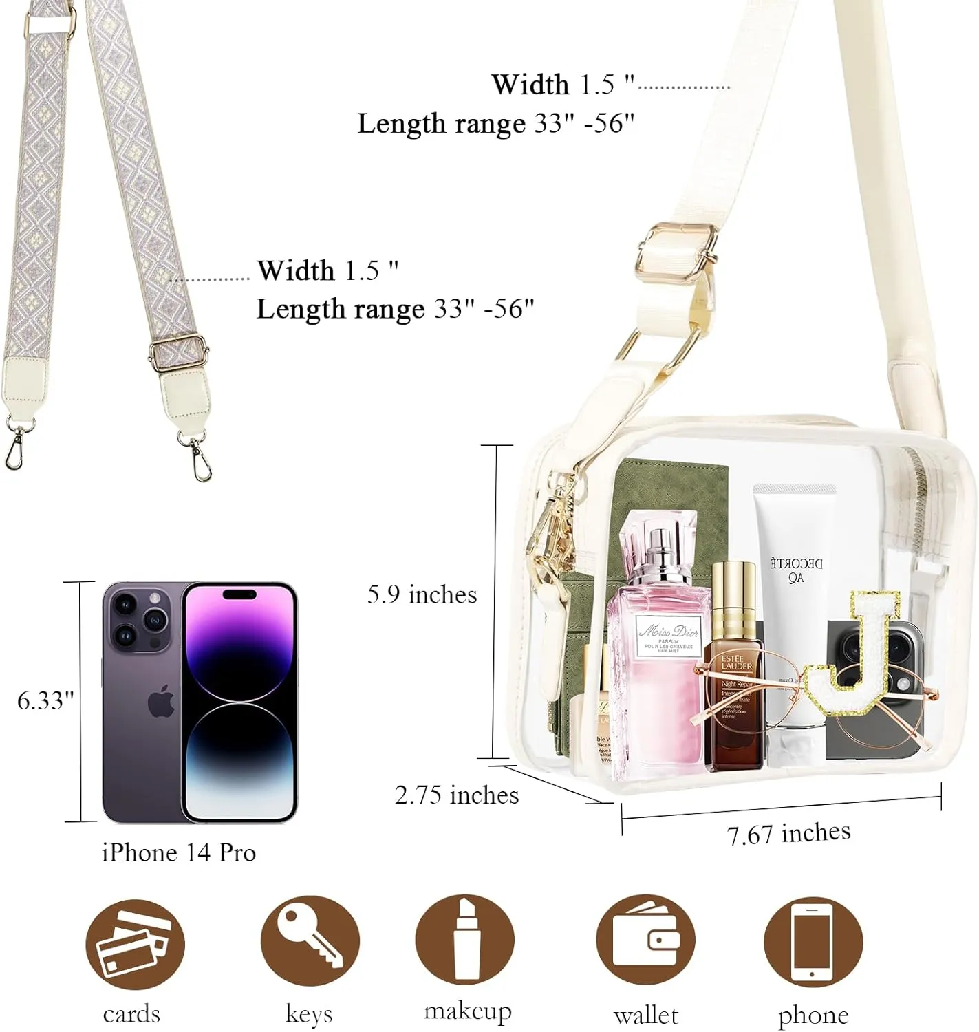 Stadium-Approved Clear Initial Purse, Crossbody Bag for Events, Concert and Sports,Adjustable Strap