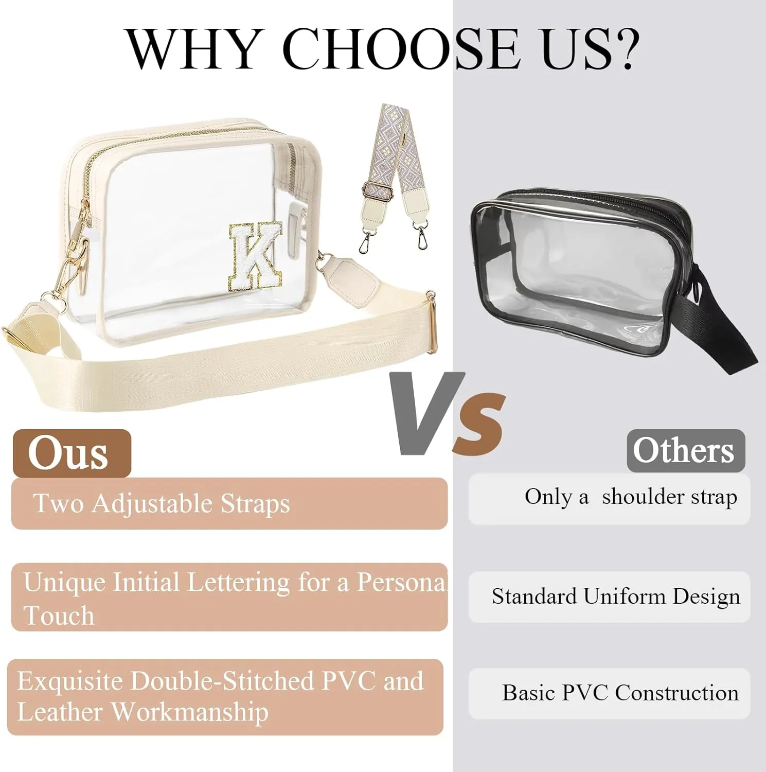Stadium-Approved Clear Initial Purse, Crossbody Bag for Events, Concert and Sports,Adjustable Strap