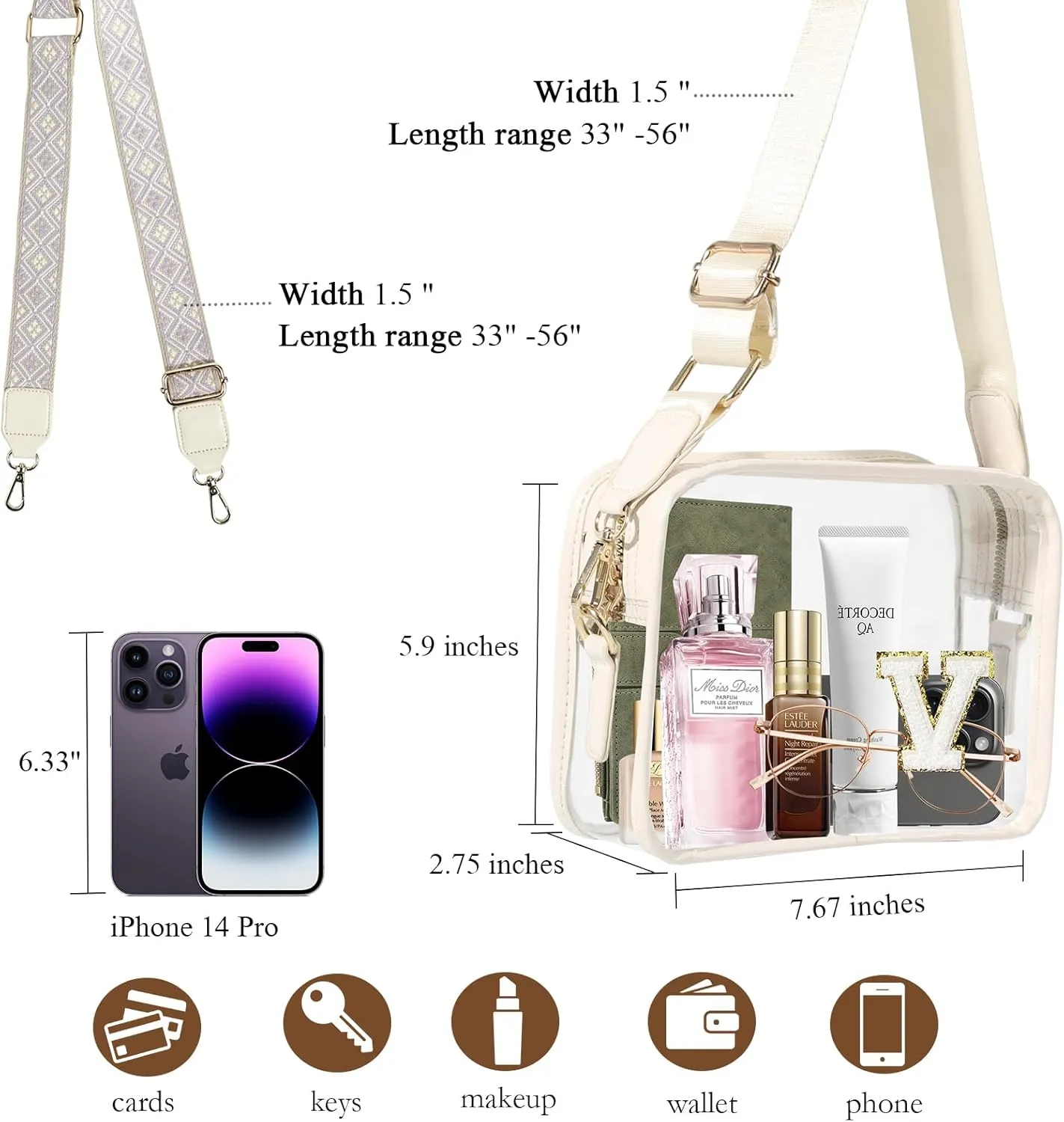 Stadium-Approved Clear Initial Purse, Crossbody Bag for Events, Concert and Sports,Adjustable Strap