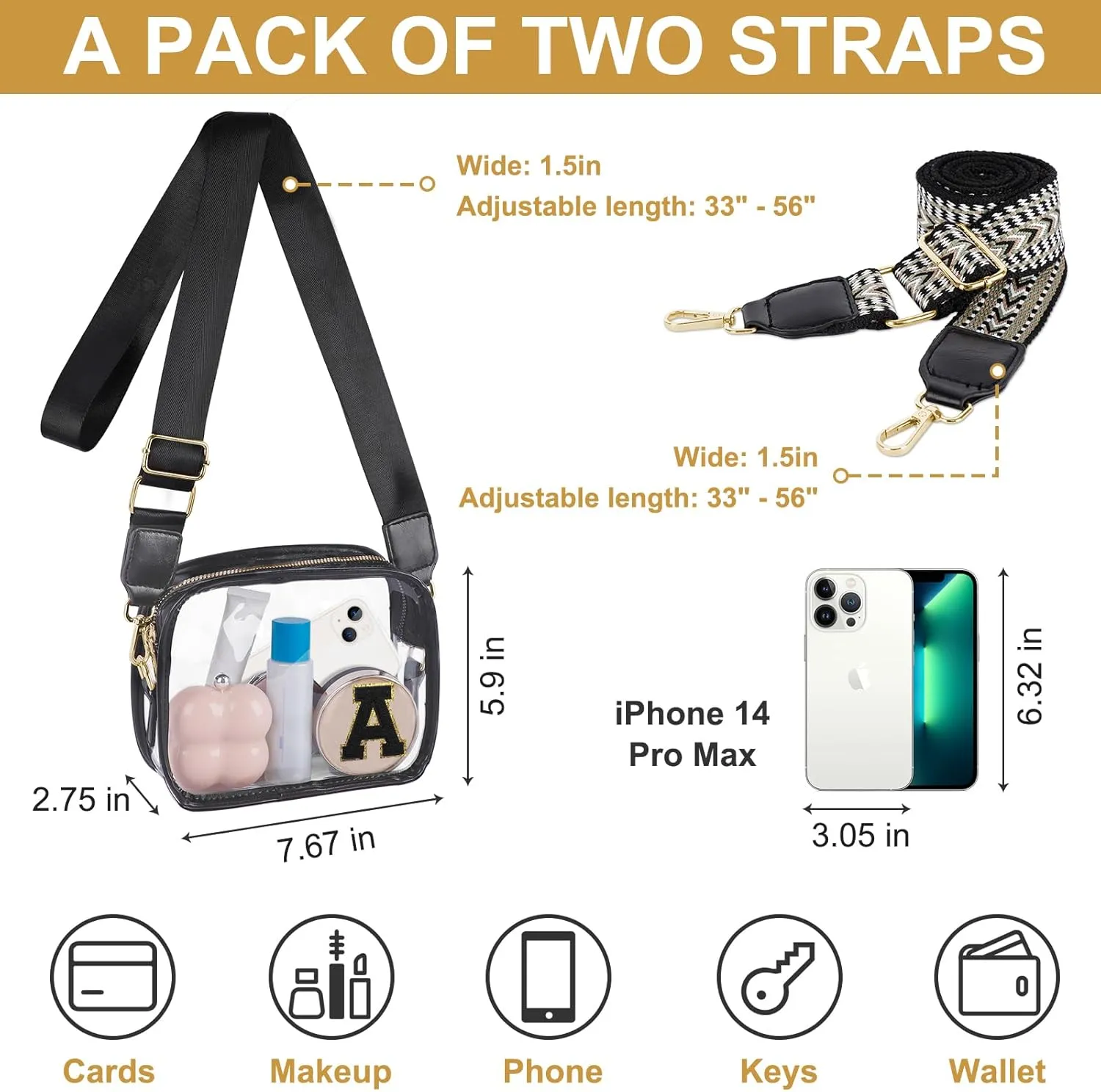 Stadium-Approved Clear Initial Purse, Crossbody Bag for Events, Concert and Sports,Adjustable Strap