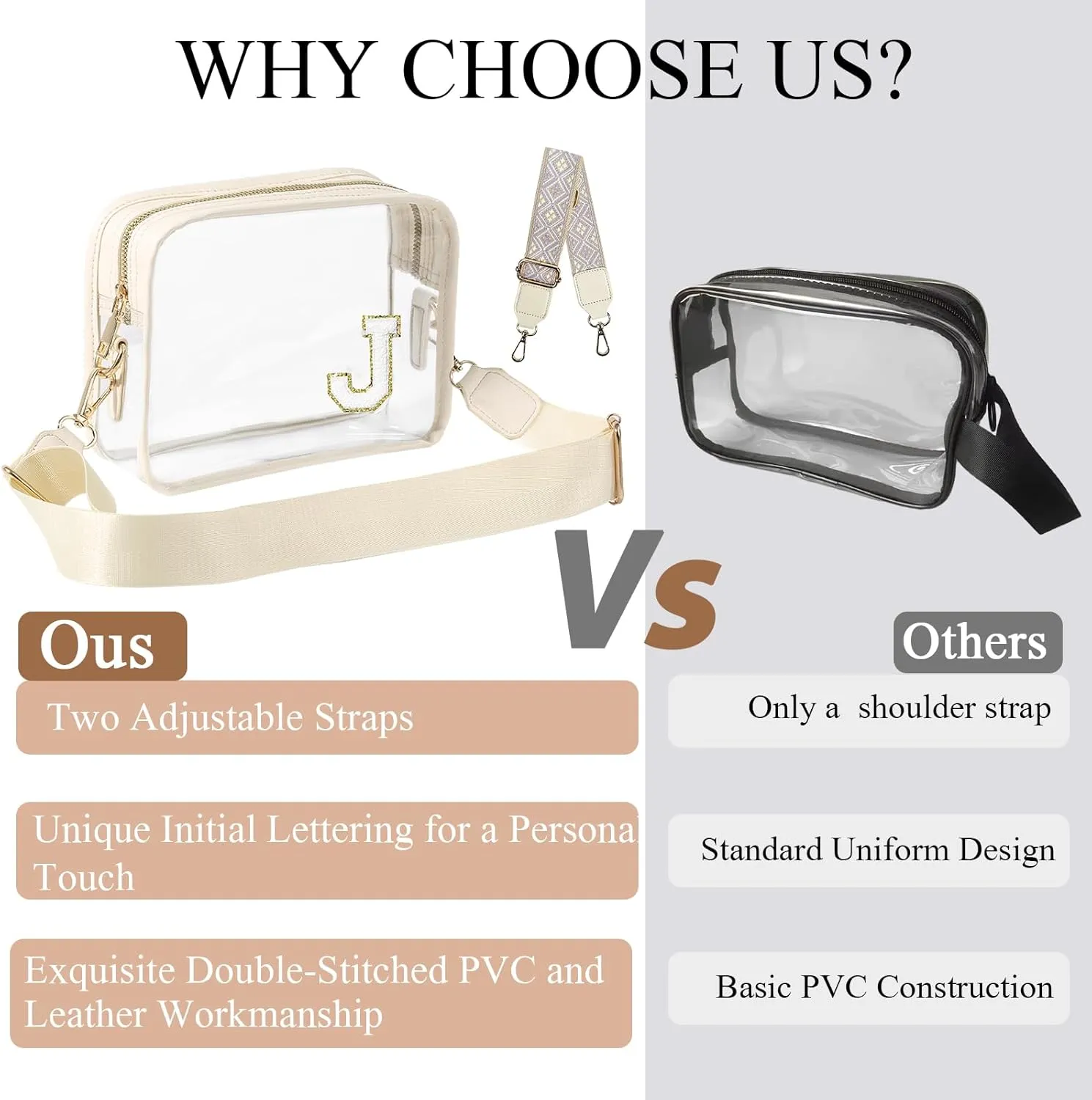 Stadium-Approved Clear Initial Purse, Crossbody Bag for Events, Concert and Sports,Adjustable Strap