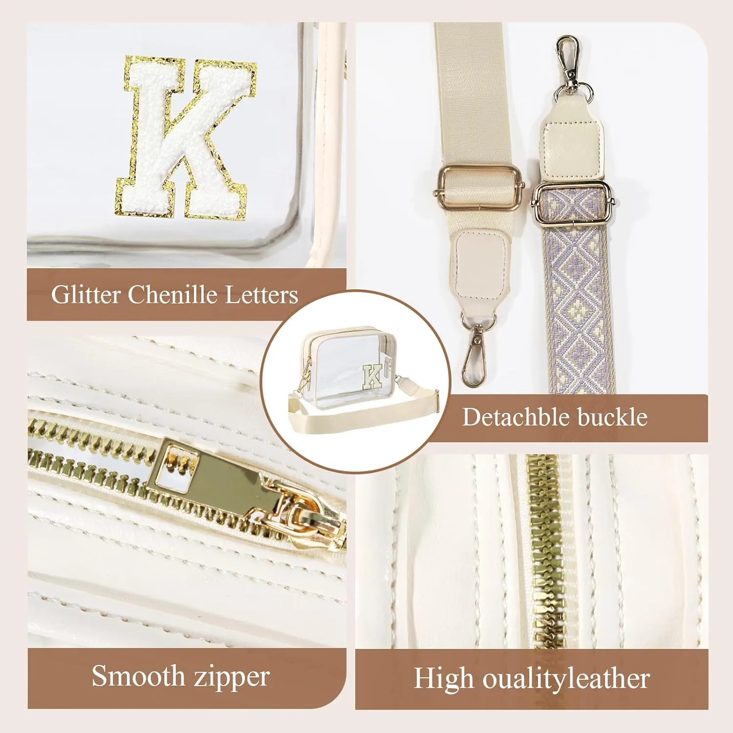 Stadium-Approved Clear Initial Purse, Crossbody Bag for Events, Concert and Sports,Adjustable Strap