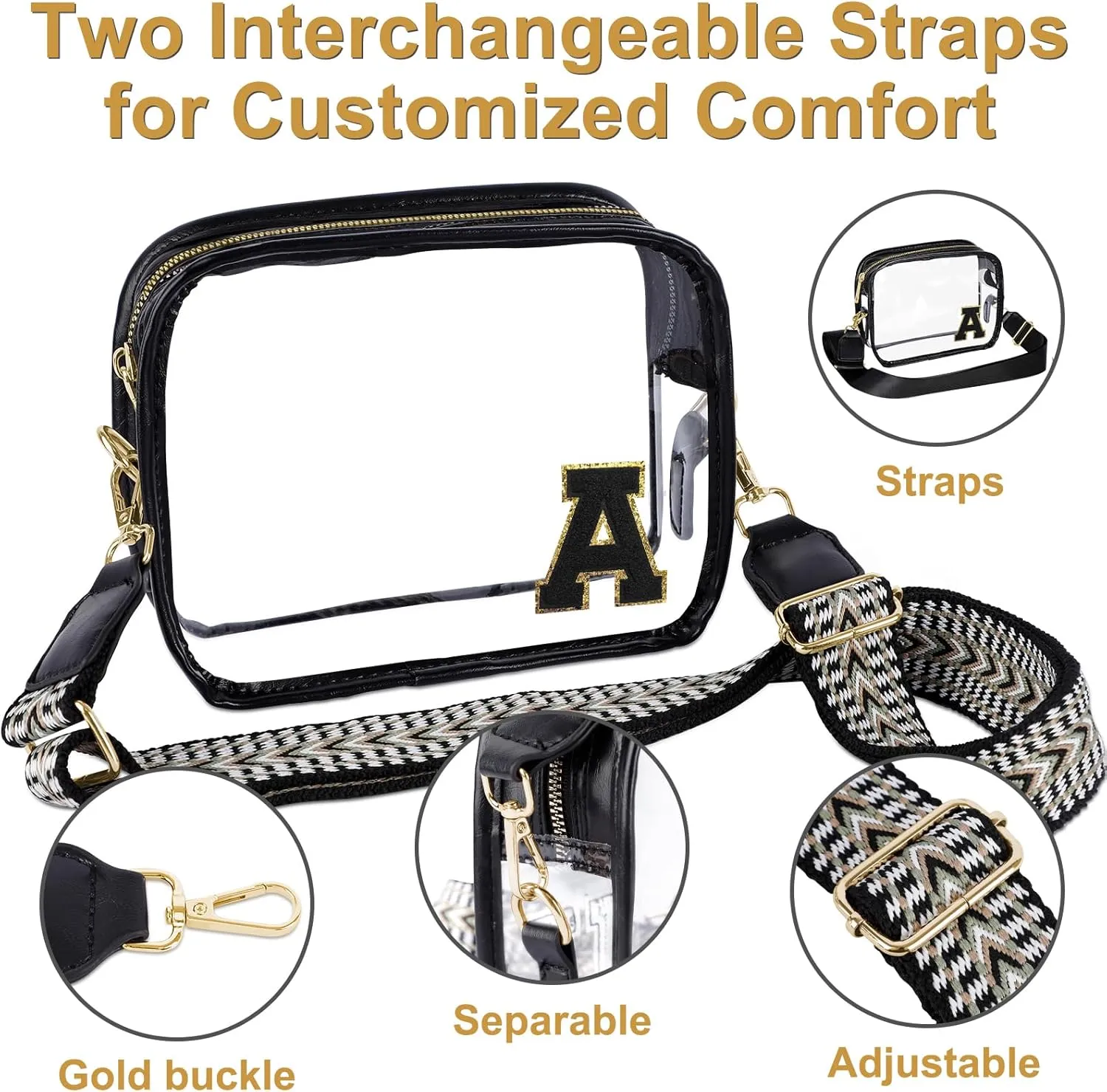 Stadium-Approved Clear Initial Purse, Crossbody Bag for Events, Concert and Sports,Adjustable Strap