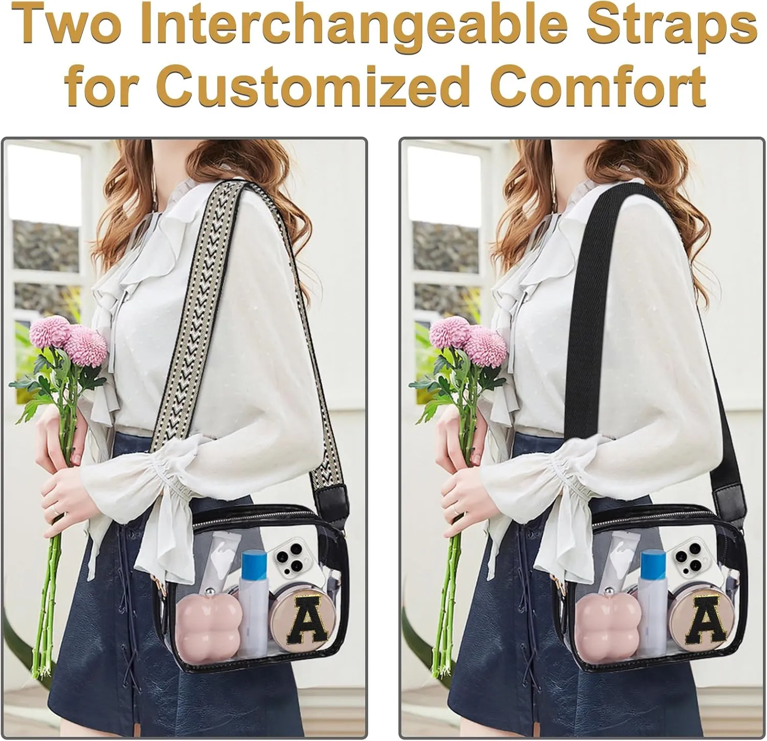 Stadium-Approved Clear Initial Purse, Crossbody Bag for Events, Concert and Sports,Adjustable Strap
