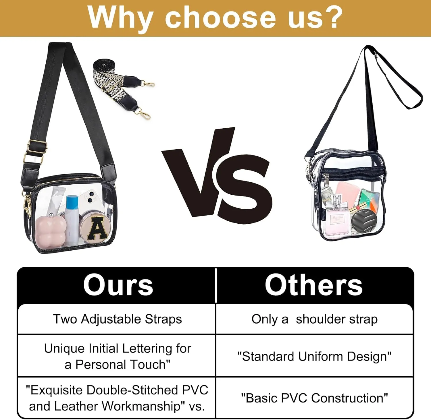 Stadium-Approved Clear Initial Purse, Crossbody Bag for Events, Concert and Sports,Adjustable Strap