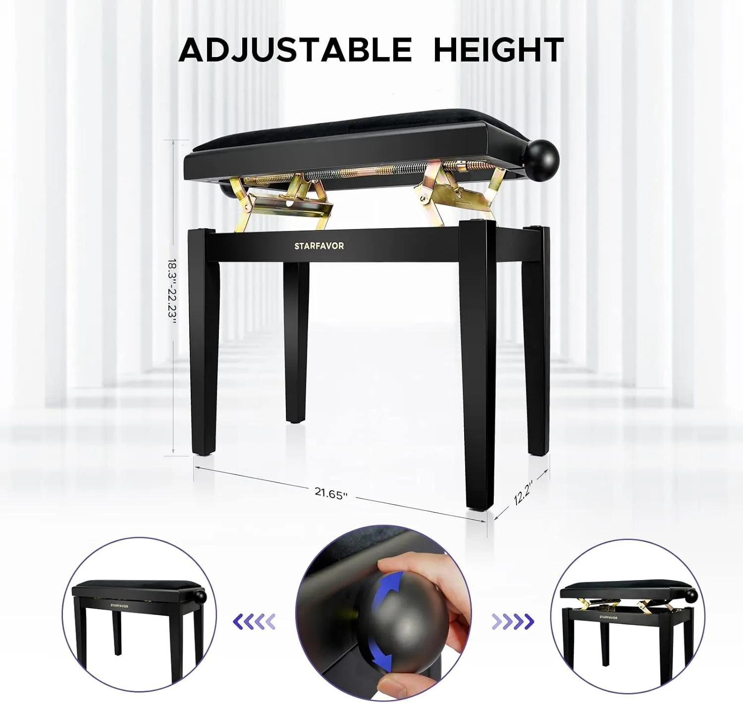Starfavor Piano Bench Adjustable, Keyboard Chair Wooden Piano Stool Padded Seat Cushion, Black, SPB-480K