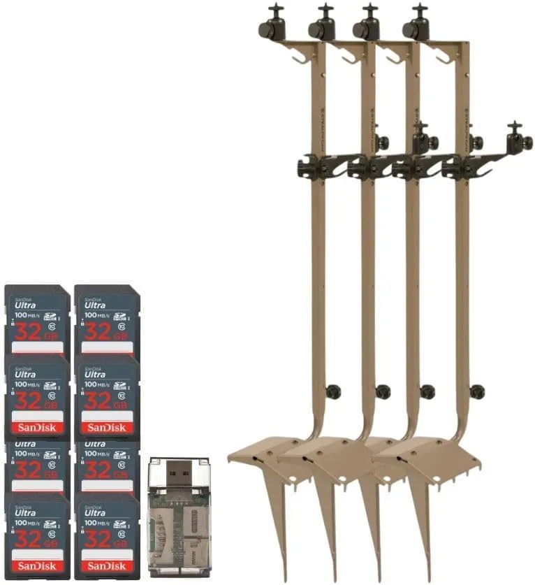 Stealth Cam Adjustable Multi-Pivot Mounting Post for Trail Camera and Battery (4-Pack) Bundle with 32GB Ultra SDHC UHS-I Memory Card (8-Pack) and Hf-cr35b SD Card Reader USB 2.0 (13 Items)