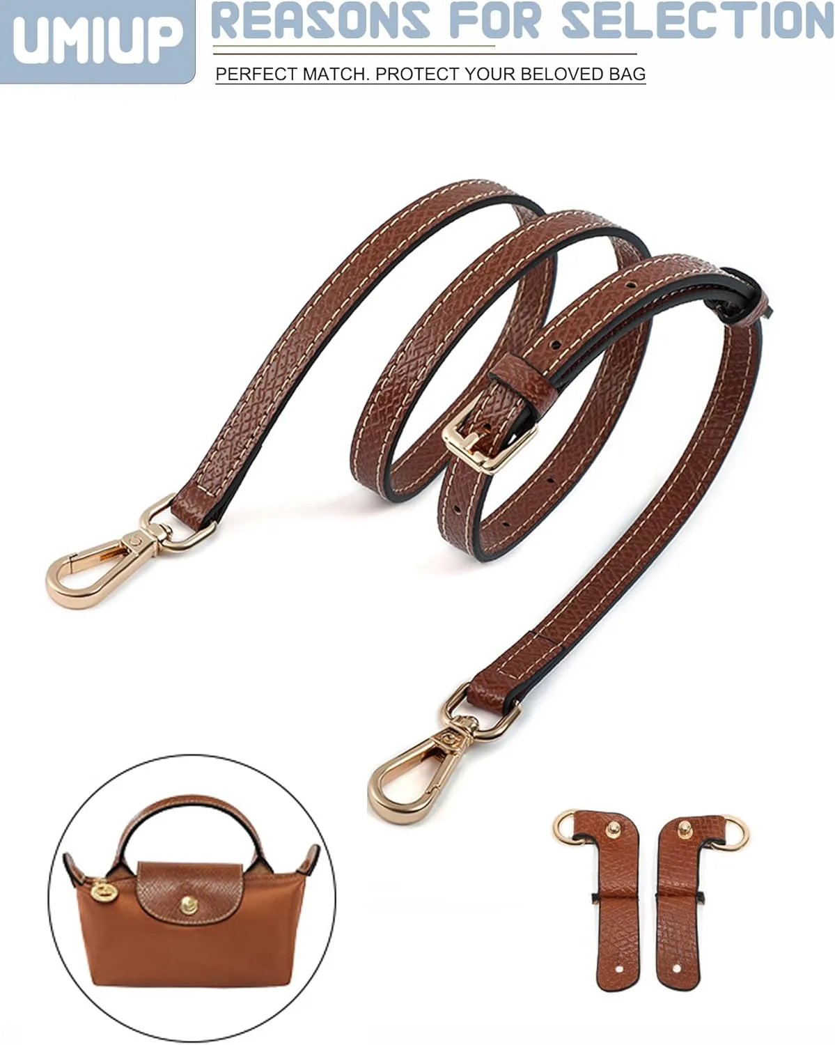 Straps Kit Compatible with Longchamp Mini Bags Shoulder Pouch, Leather Adjustable Purse Straps Crossbody Strap Compatible for Longchamp LP Xtra XS Pouch Conversion Kit GOLD Hardware Brown-Gold B