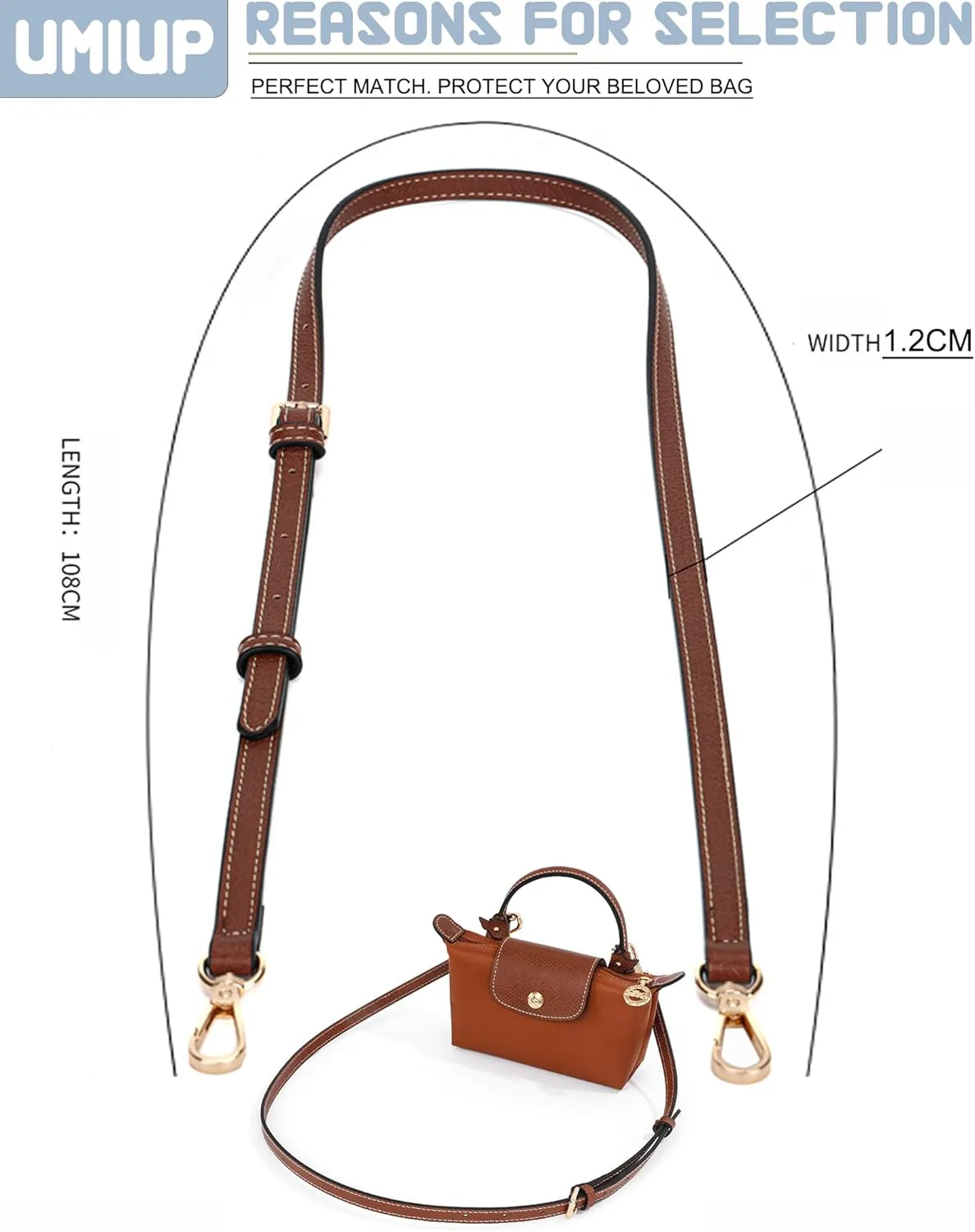 Straps Kit Compatible with Longchamp Mini Bags Shoulder Pouch, Leather Adjustable Purse Straps Crossbody Strap Compatible for Longchamp LP Xtra XS Pouch Conversion Kit GOLD Hardware Brown-Gold B