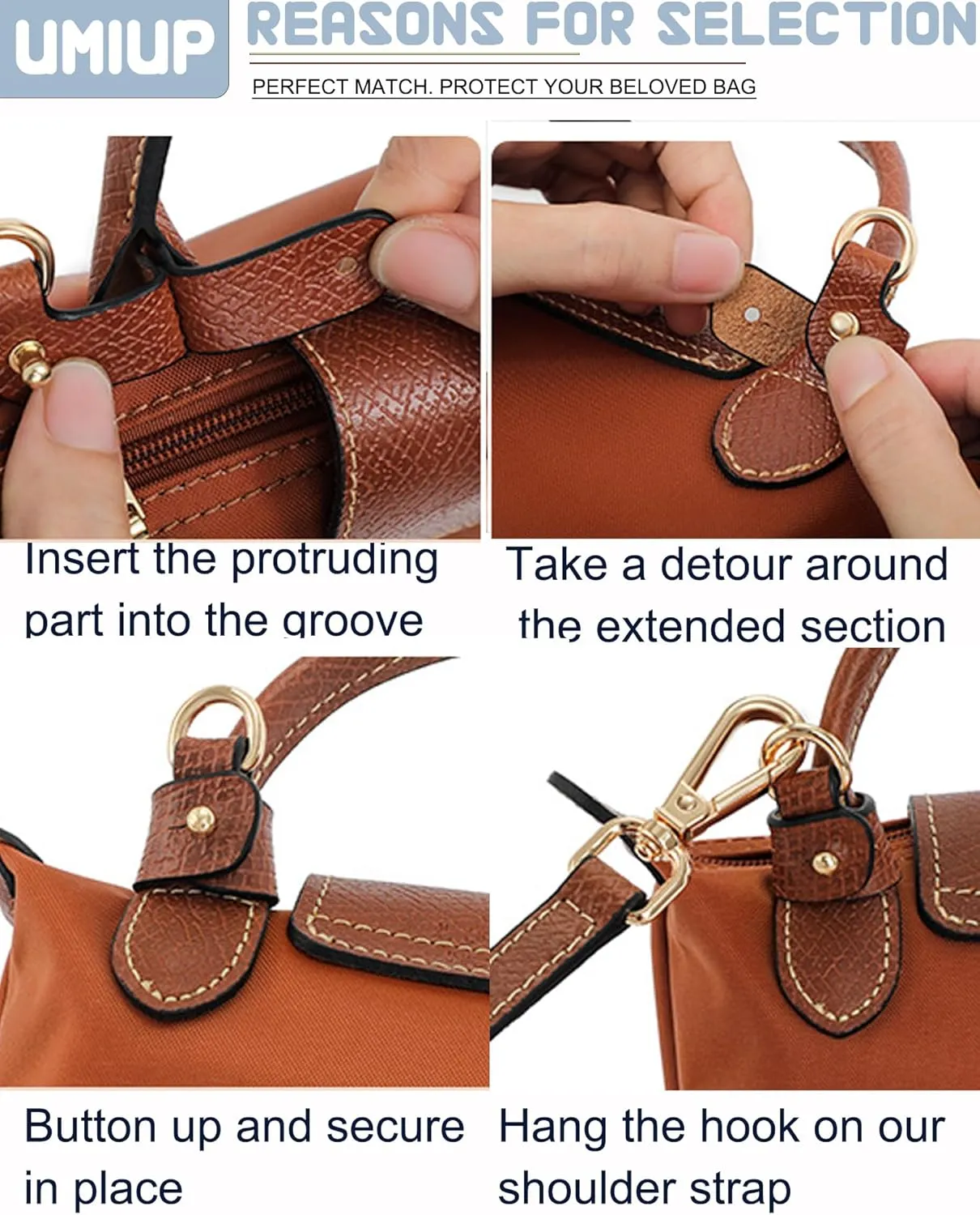 Straps Kit Compatible with Longchamp Mini Bags Shoulder Pouch, Leather Adjustable Purse Straps Crossbody Strap Compatible for Longchamp LP Xtra XS Pouch Conversion Kit GOLD Hardware Brown-Gold B