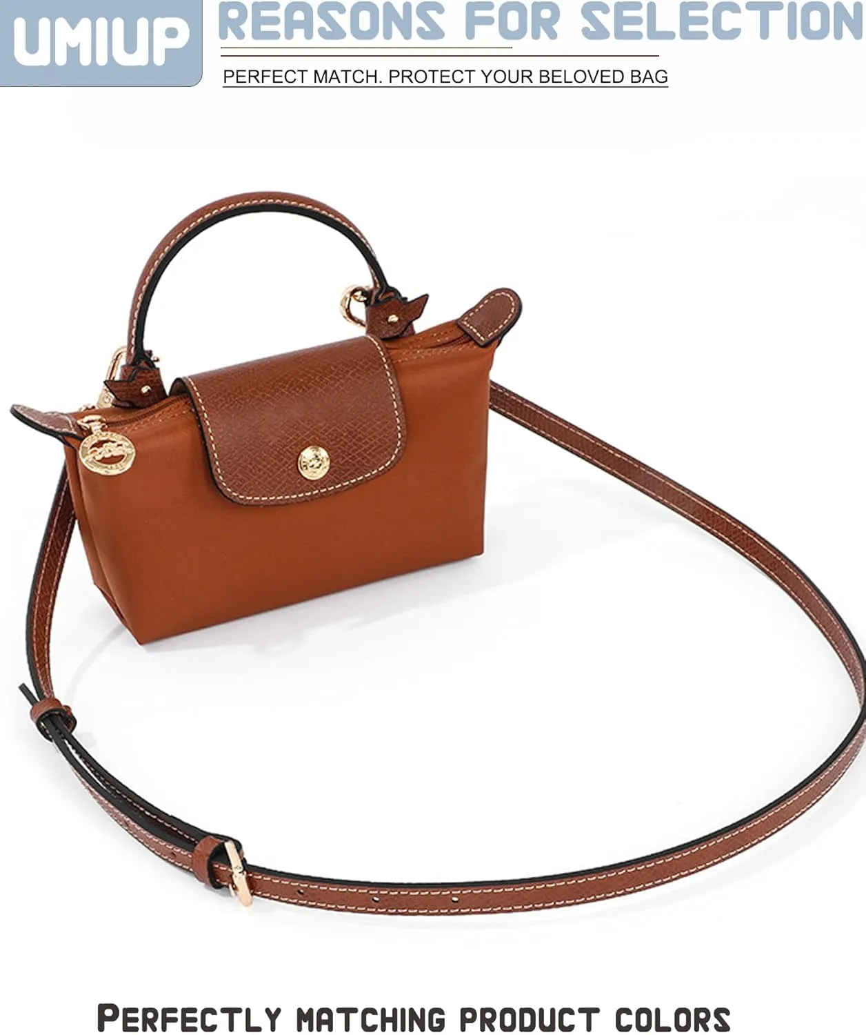 Straps Kit Compatible with Longchamp Mini Bags Shoulder Pouch, Leather Adjustable Purse Straps Crossbody Strap Compatible for Longchamp LP Xtra XS Pouch Conversion Kit GOLD Hardware Brown-Gold B