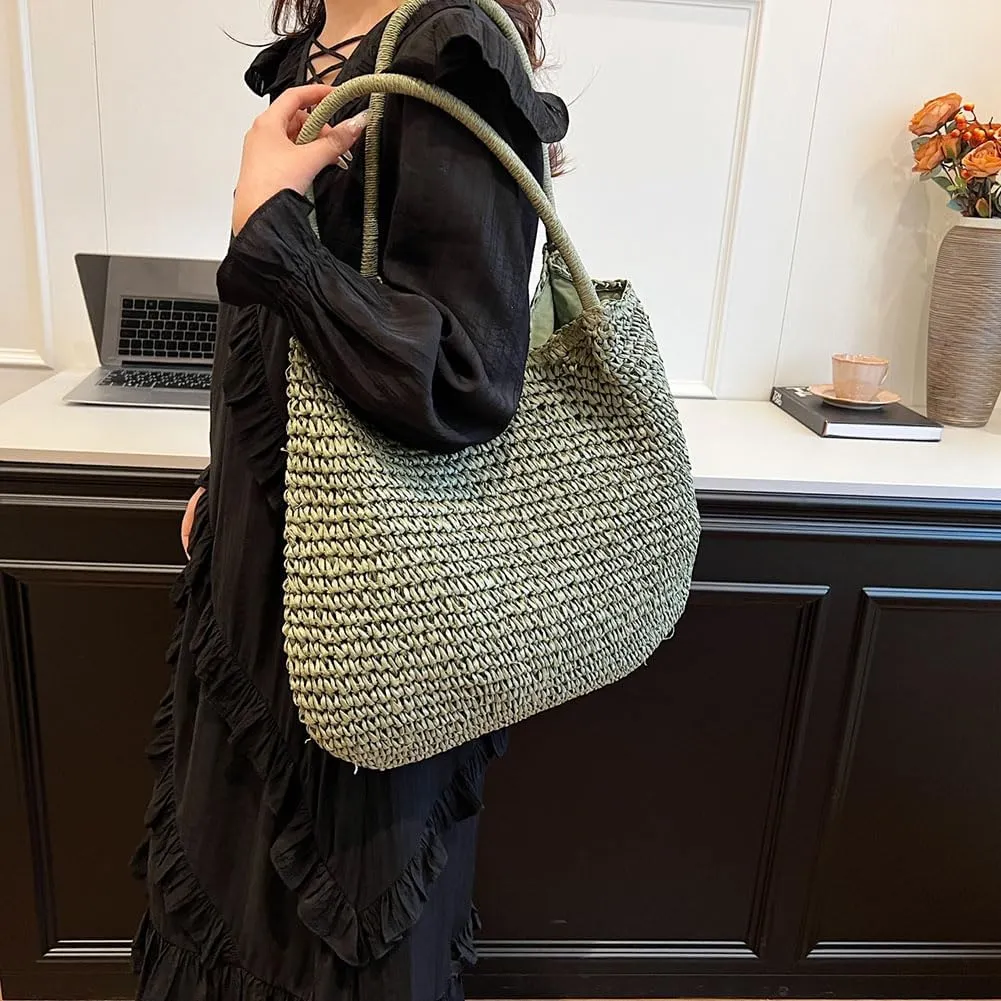 Straw Beach Bag Large Capacity Retro Straw Handbag Hasp Closure Weaving Handbag Ladies Summer Beach Tote Bags