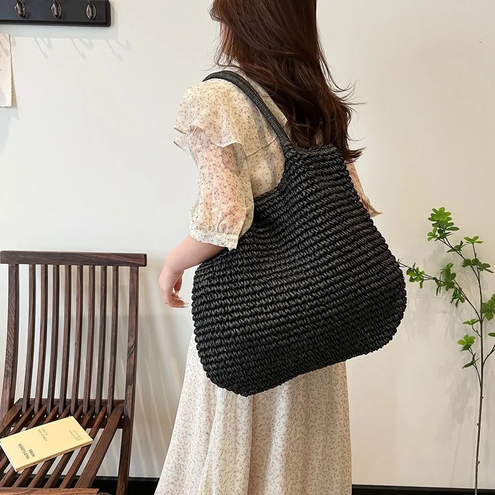 Straw Beach Bag Large Capacity Retro Straw Handbag Hasp Closure Weaving Handbag Ladies Summer Beach Tote Bags