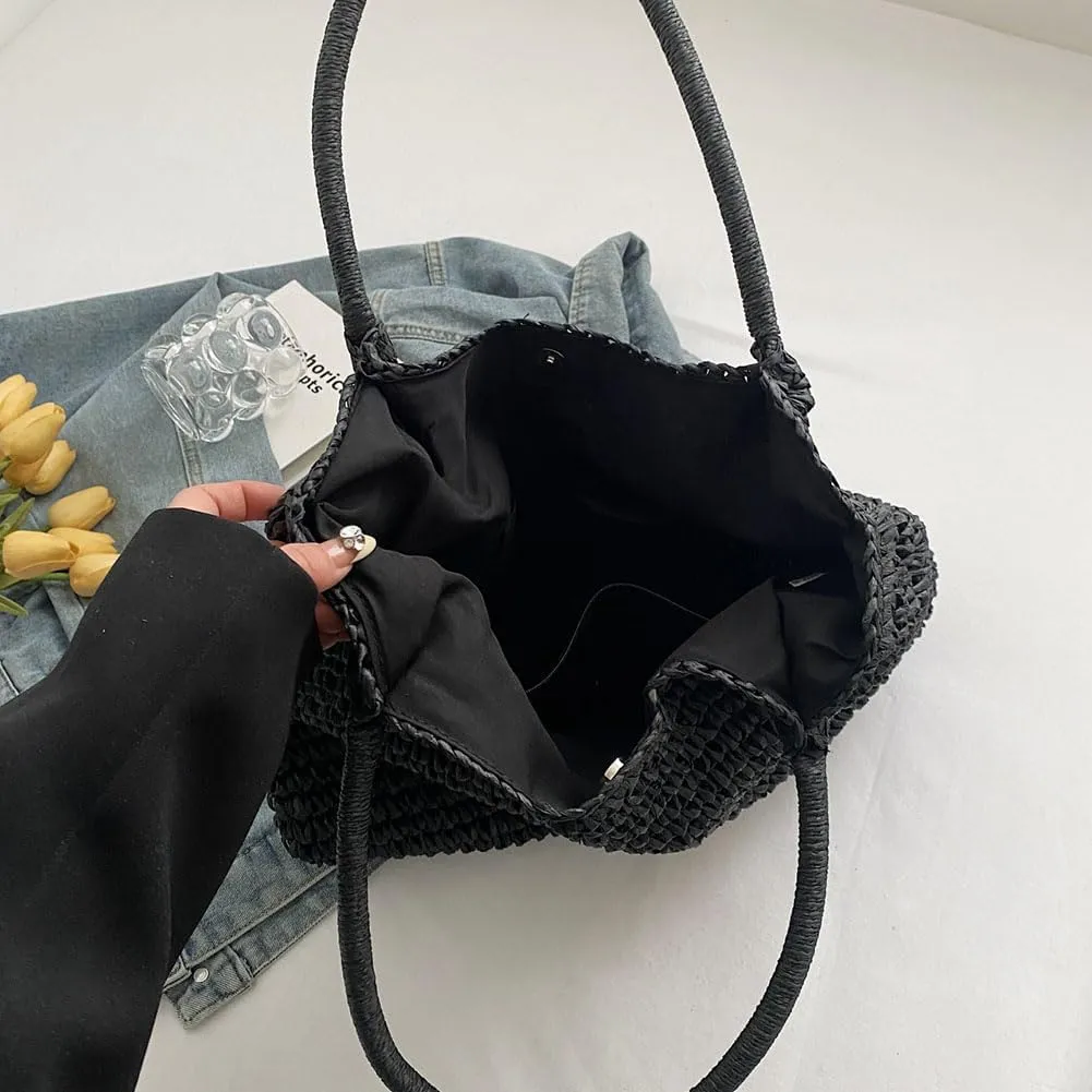 Straw Beach Bag Large Capacity Retro Straw Handbag Hasp Closure Weaving Handbag Ladies Summer Beach Tote Bags