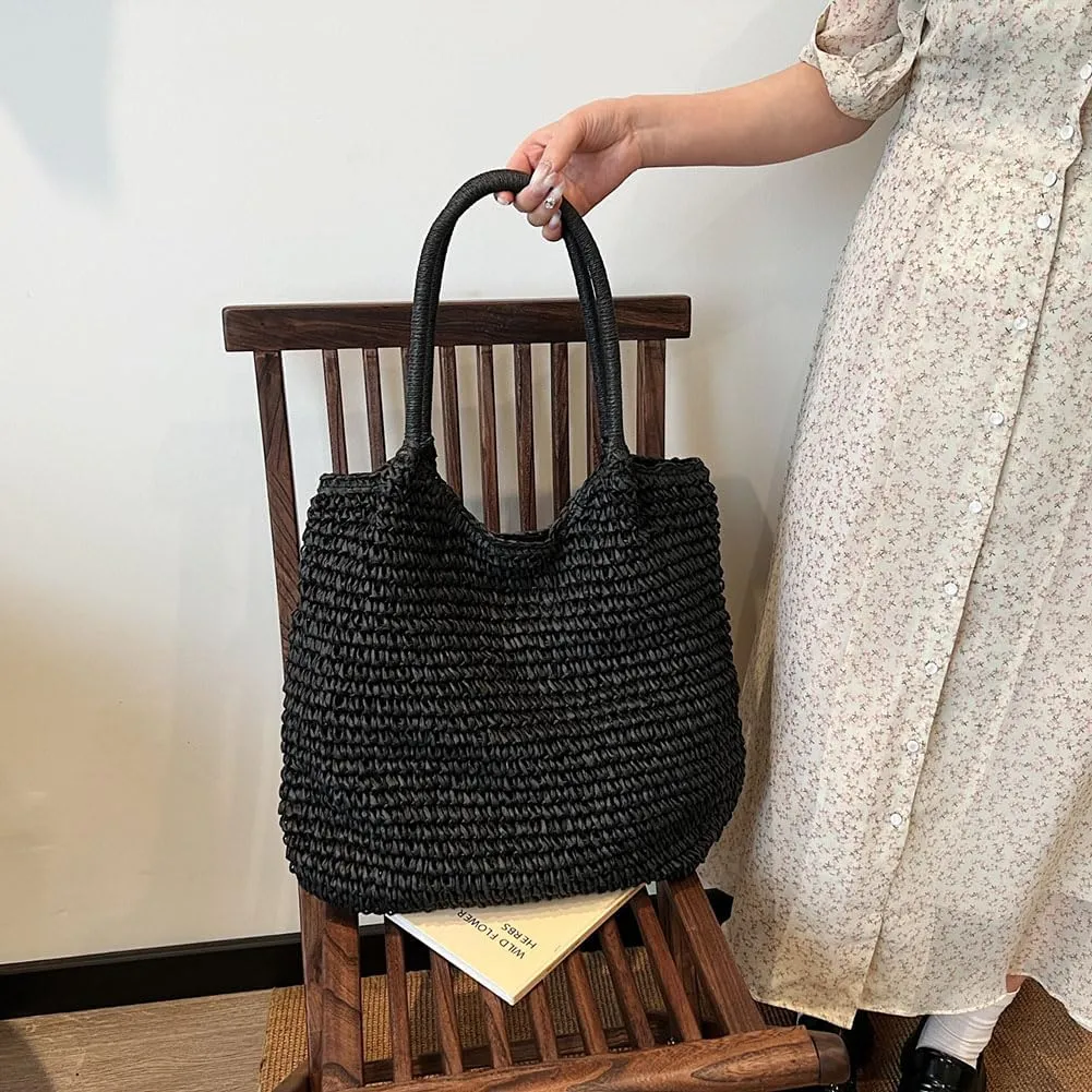 Straw Beach Bag Large Capacity Retro Straw Handbag Hasp Closure Weaving Handbag Ladies Summer Beach Tote Bags