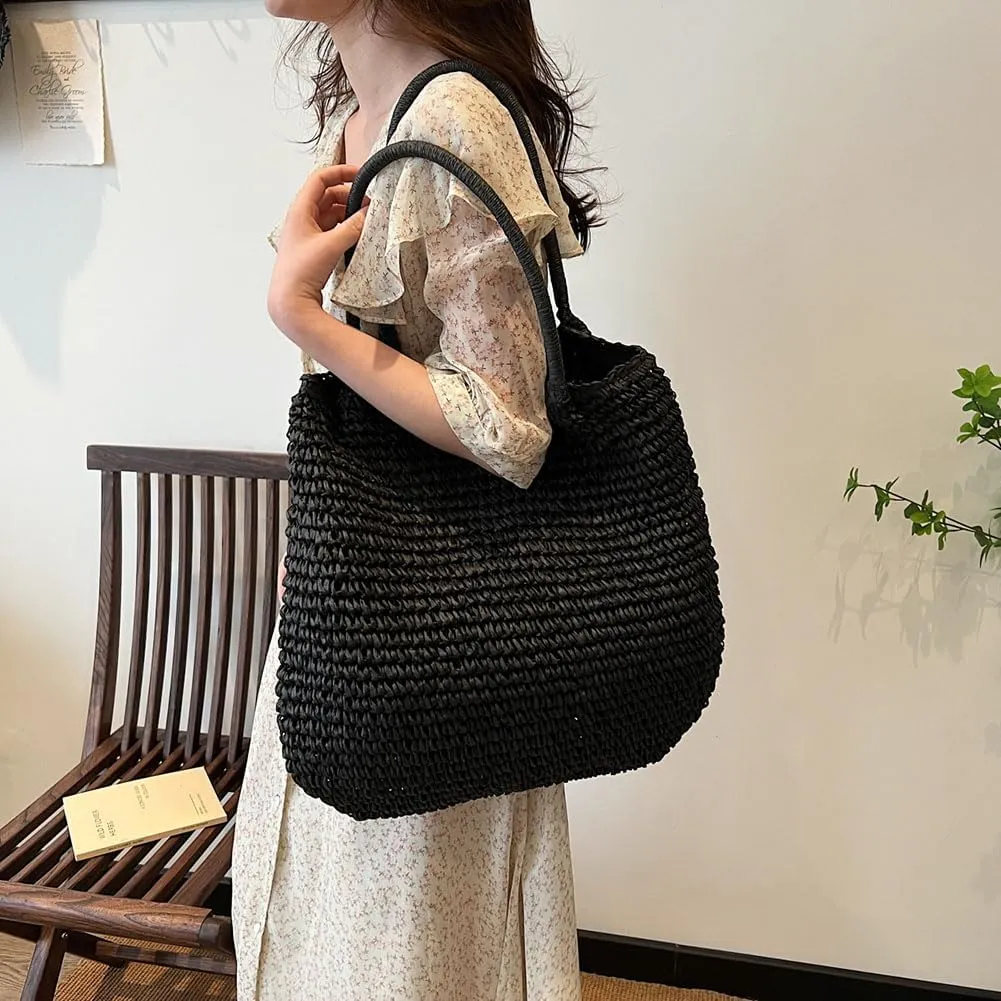 Straw Beach Bag Large Capacity Retro Straw Handbag Hasp Closure Weaving Handbag Ladies Summer Beach Tote Bags