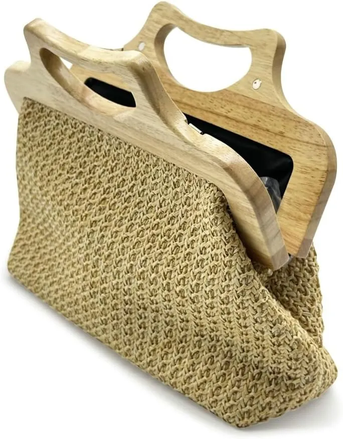 Straw Clutch for Women PP Straw Top-handle Wooden Purses Handbag Crossbody Bag for Beach Summer Travel 2025