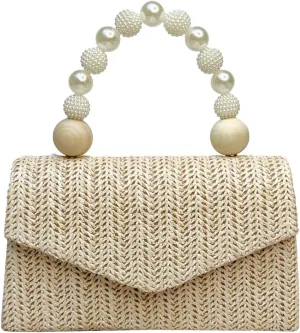 Straw Evening Handbag for Women Exquisite Pearl Beaded Top-Handle Purse Small Satchel Purse Woven Clutch Bag 2025