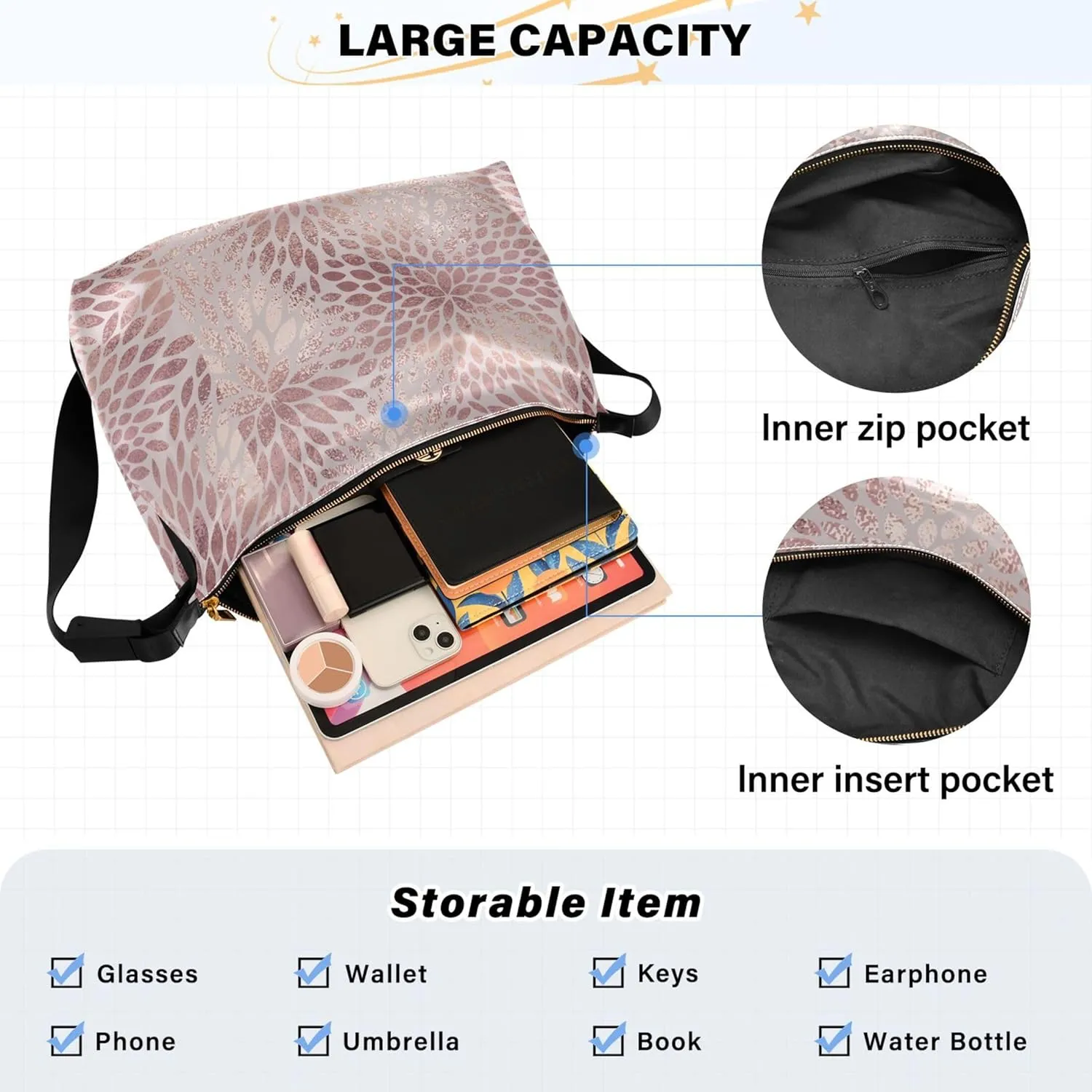 Striped Flower Pink Rose Leather Hobo Purses for Women Women's Large Purse Aesthetic Leaf Print Simple Shoulder Bag