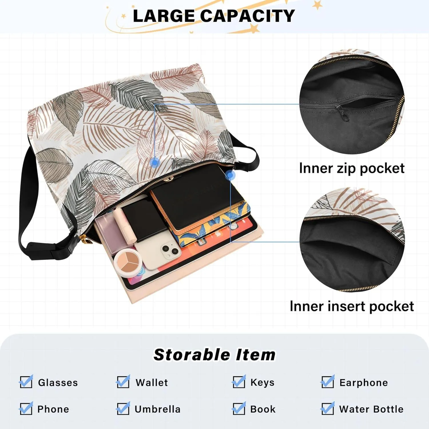 Striped Flower Pink Rose Leather Hobo Purses for Women Women's Large Purse Aesthetic Leaf Print Simple Shoulder Bag