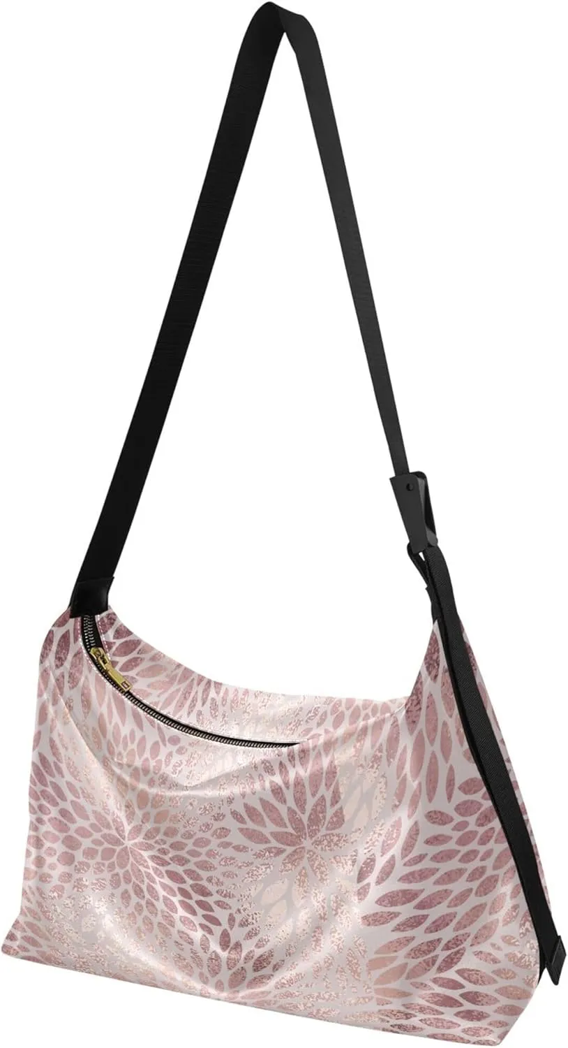 Striped Flower Pink Rose Leather Hobo Purses for Women Women's Large Purse Aesthetic Leaf Print Simple Shoulder Bag