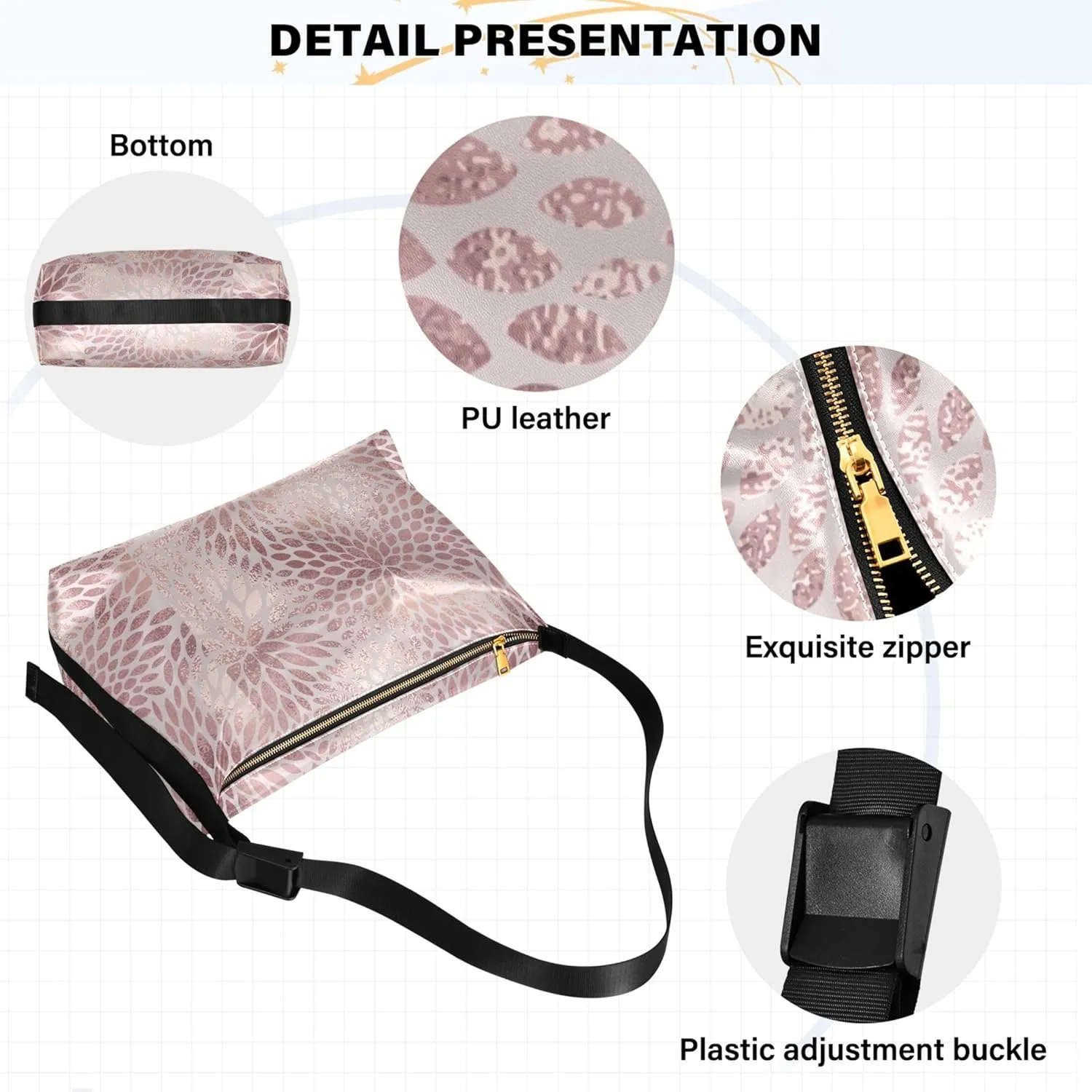 Striped Flower Pink Rose Leather Hobo Purses for Women Women's Large Purse Aesthetic Leaf Print Simple Shoulder Bag