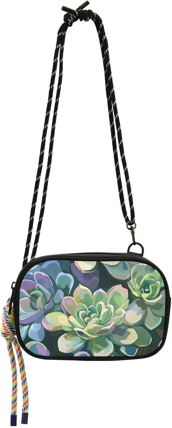 Succulent Art Illustration Green Purple Small Black Crossbody Purse for Women Fashion with Adjustable Strap Small Black Purses Date bolso de mano para mujer