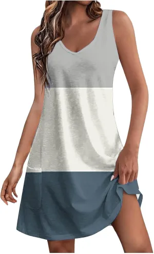 Summer Dresses for Women Color Blocked Sleeveless Casual Dress Ladies Curve Hem V-Neck Sundress with Pockets