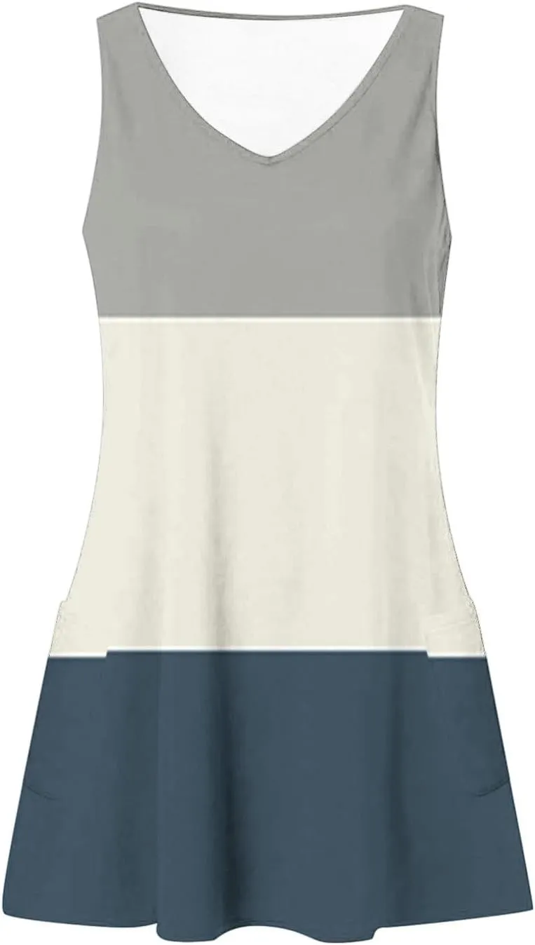 Summer Dresses for Women Color Blocked Sleeveless Casual Dress Ladies Curve Hem V-Neck Sundress with Pockets